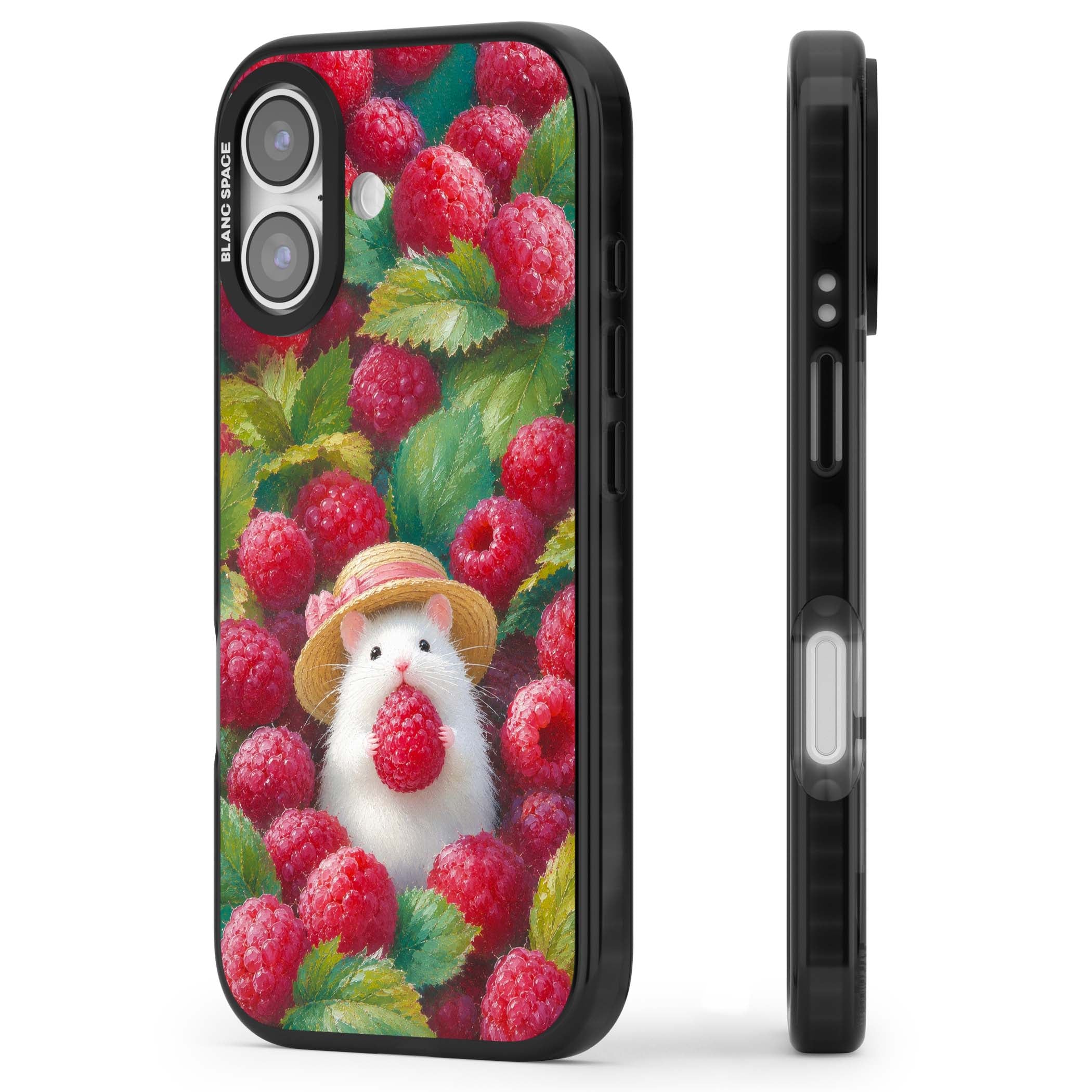 Berry Forager cottagecore iPhone case featuring a white hamster in a straw hat holding a raspberry surrounded by ripe ber | Clear Impact case for iPhone 17