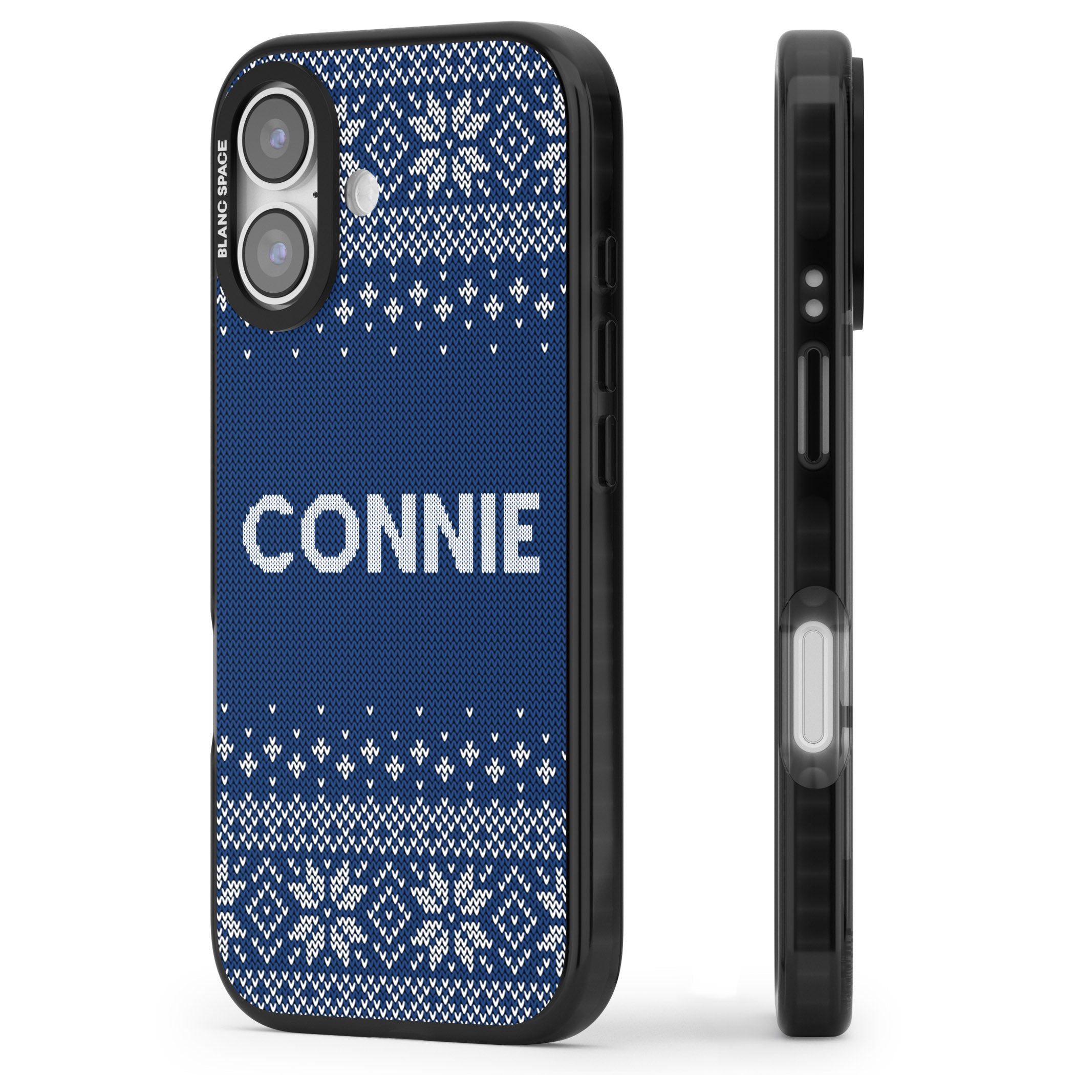 Personalised Blue Knitted Christmas iPhone 17 Impact Black Phone Case Side Profile