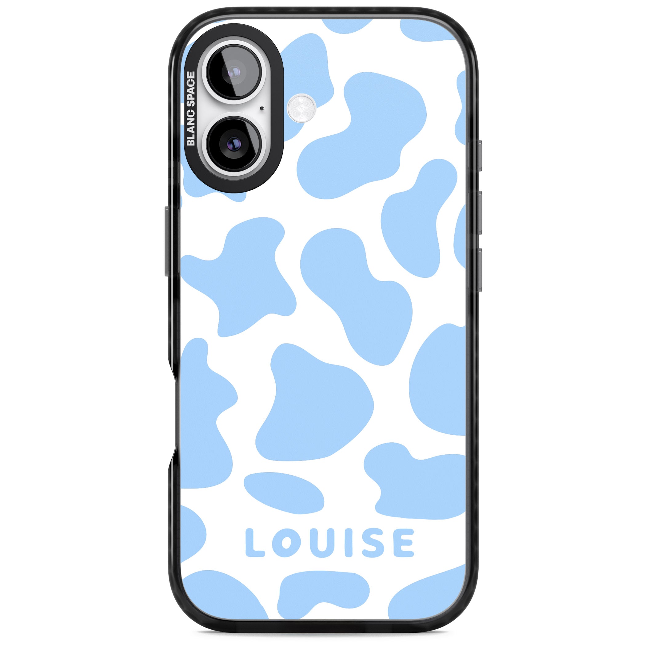 Personalised Blue And White Cow Print iPhone 17 Impact Black Phone Case