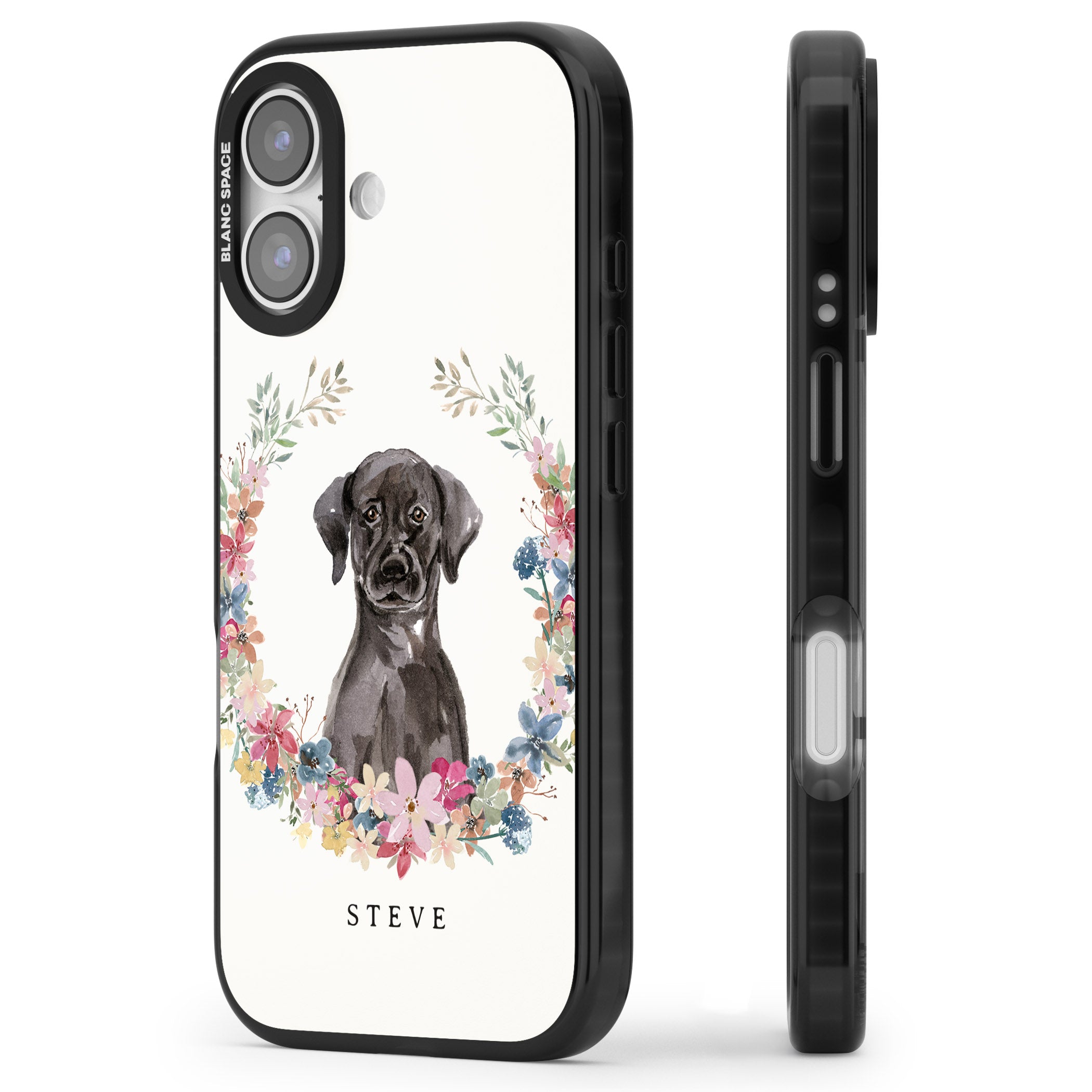 Personalised Black Labrador Floral Portrait iPhone 17 Impact Black Phone Case Side Profile