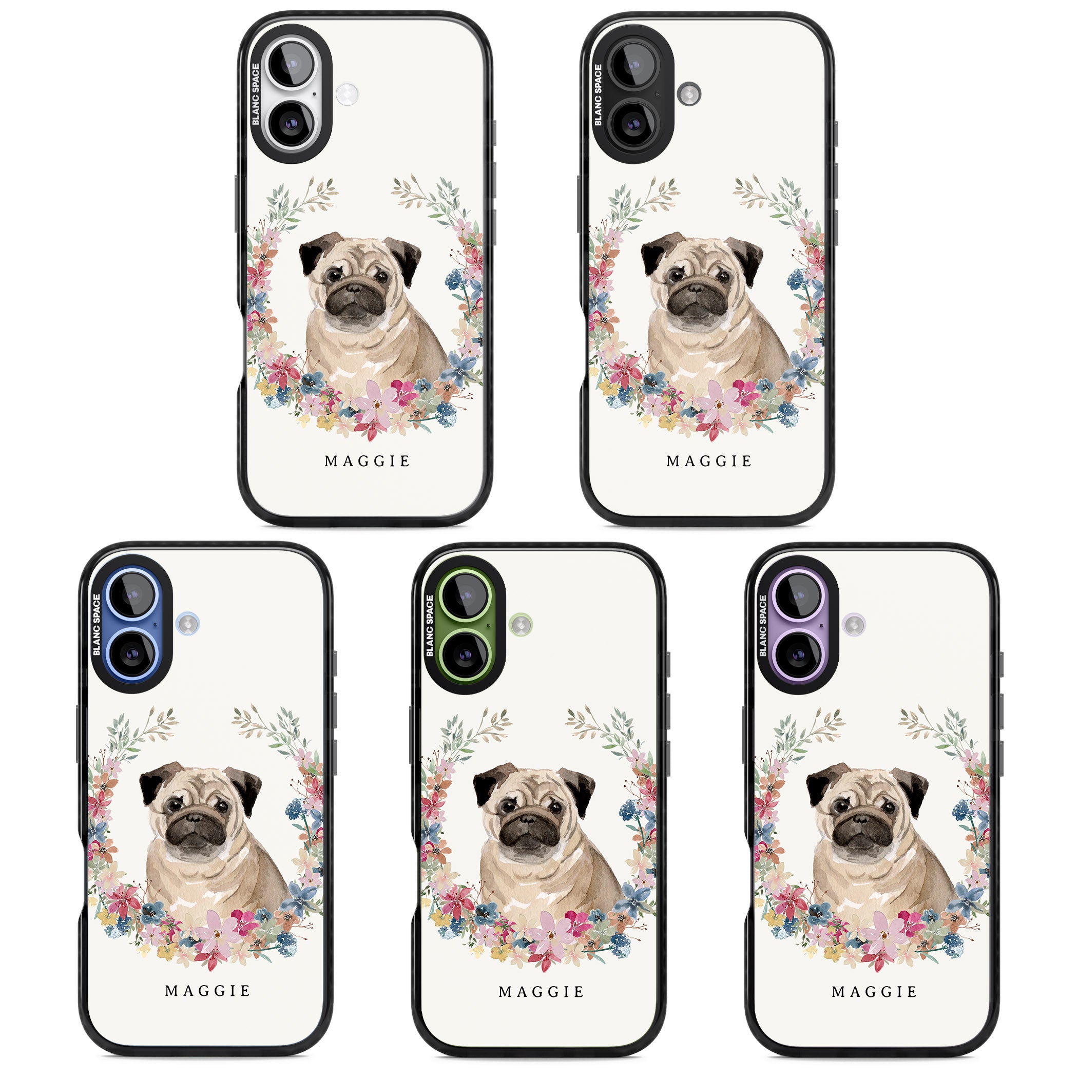 Personalised Pug Floral Portrait iPhone 17 Impact Black Phone Case APT Impact Protection