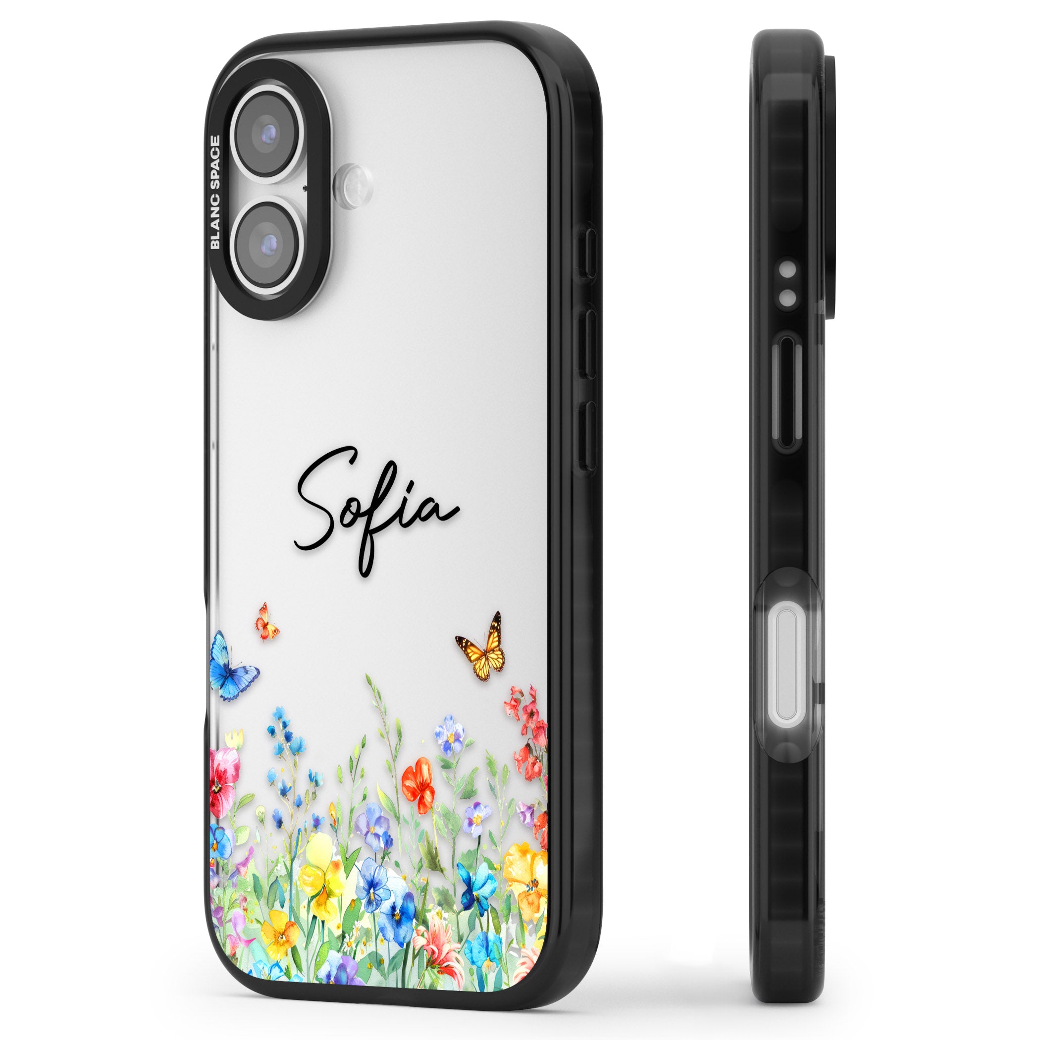 Personalised Buterflies Wildflowers iPhone 17 Impact Black Phone Case Side Profile