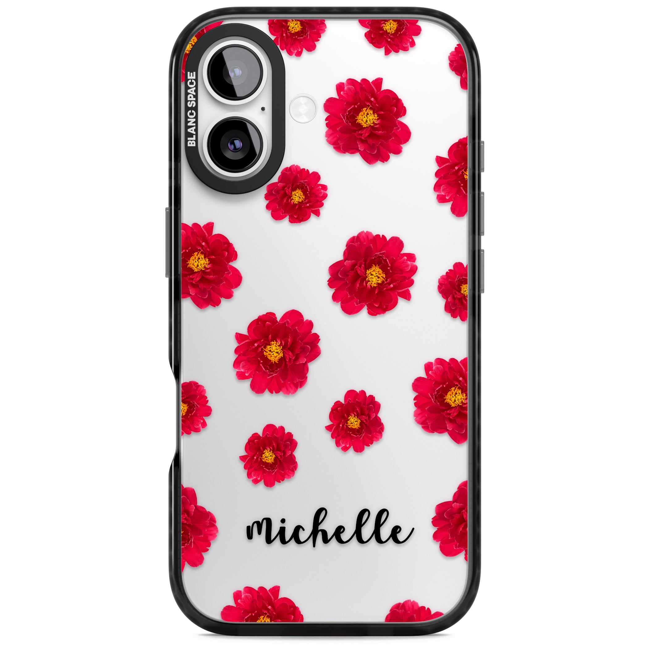 Personalised Red Peonies & Cursive iPhone 17 Impact Black Phone Case