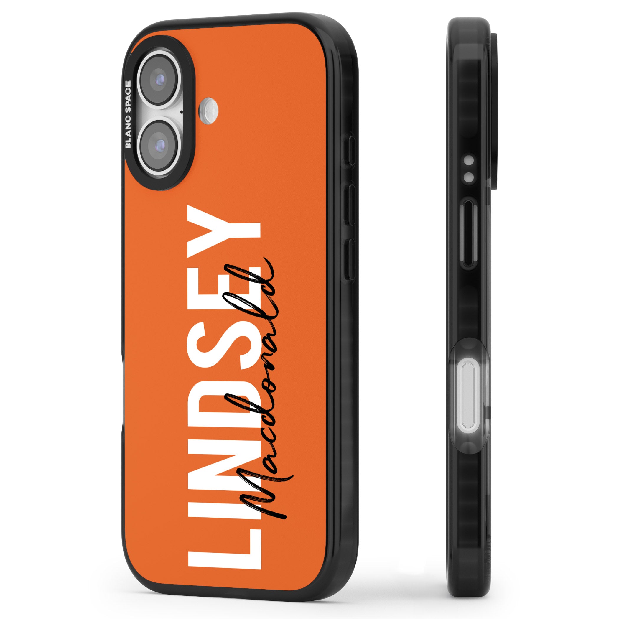 Personalised Bold Name: Orange iPhone 17 Impact Black Phone Case Side Profile