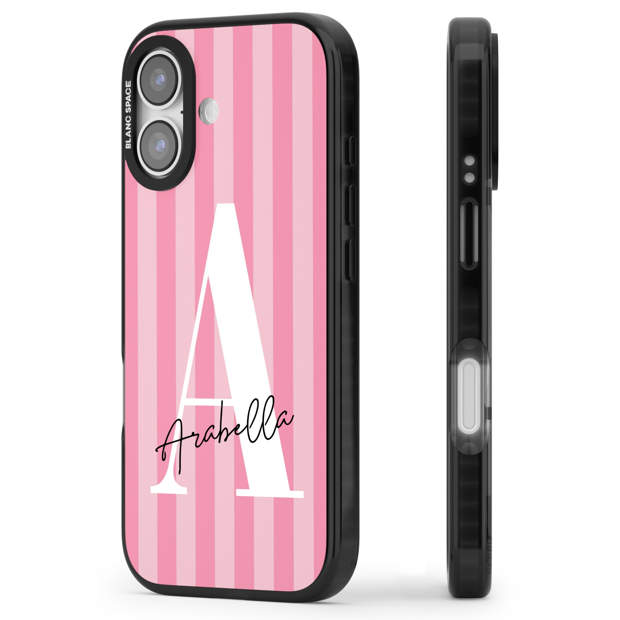 Personalised Pink Stripes Initial iPhone 17 Impact Black Phone Case Side Profile