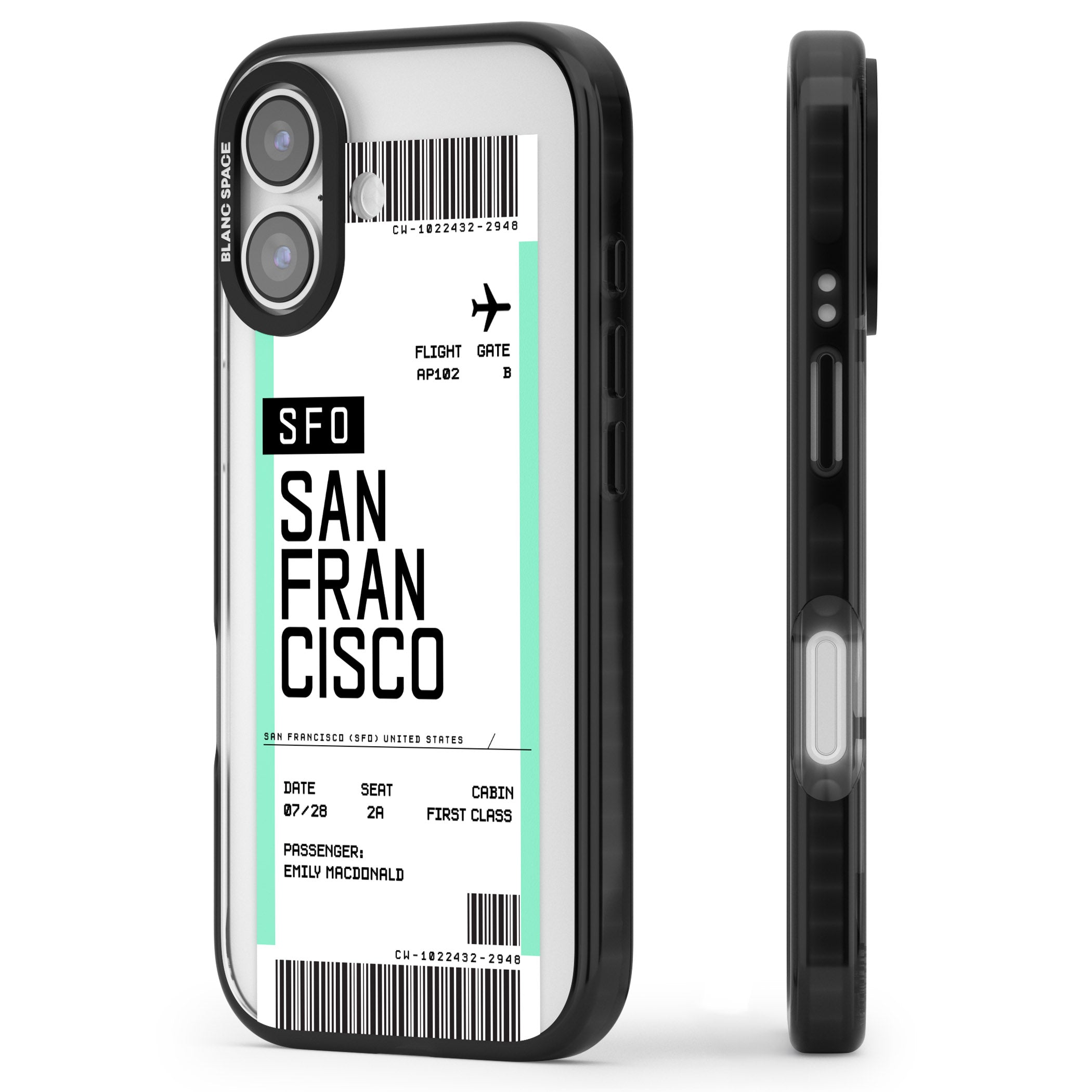 Personalised San Francisco Boarding Pass iPhone 17 Impact Black Phone Case Side Profile