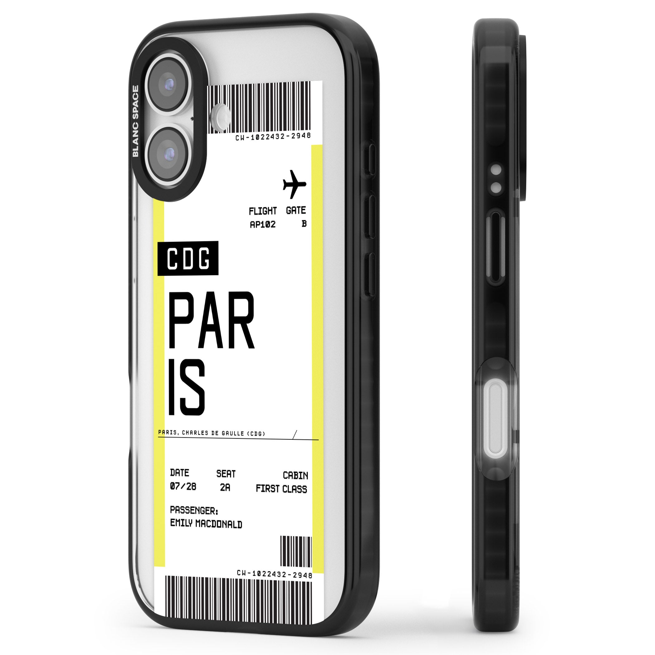 Personalised Paris Boarding Pass iPhone 17 Impact Black Phone Case Side Profile