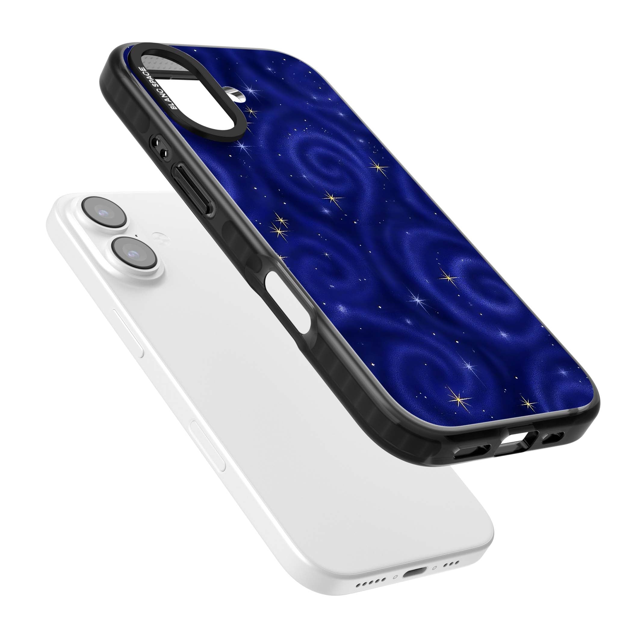 Indigo Cosmos celestial iPhone case featuring swirling navy night sky and sparkling golden stars | Clear Impact case for iPhone 17
