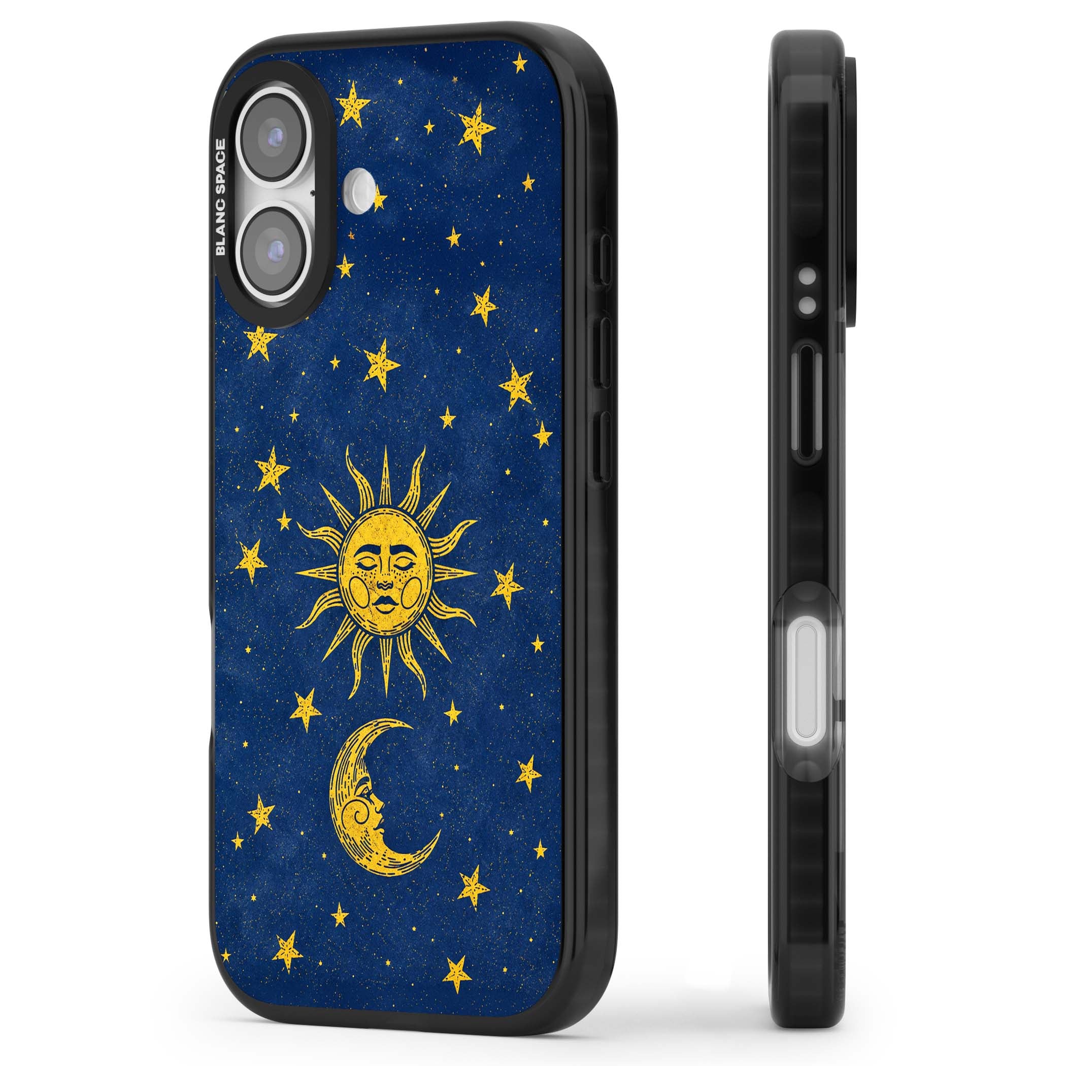 Sun & Moon Reverie celestial iPhone case featuring a vintage golden sun, crescent moon and scattered stars on midnight blue | Clear Impact case for iPhone 17