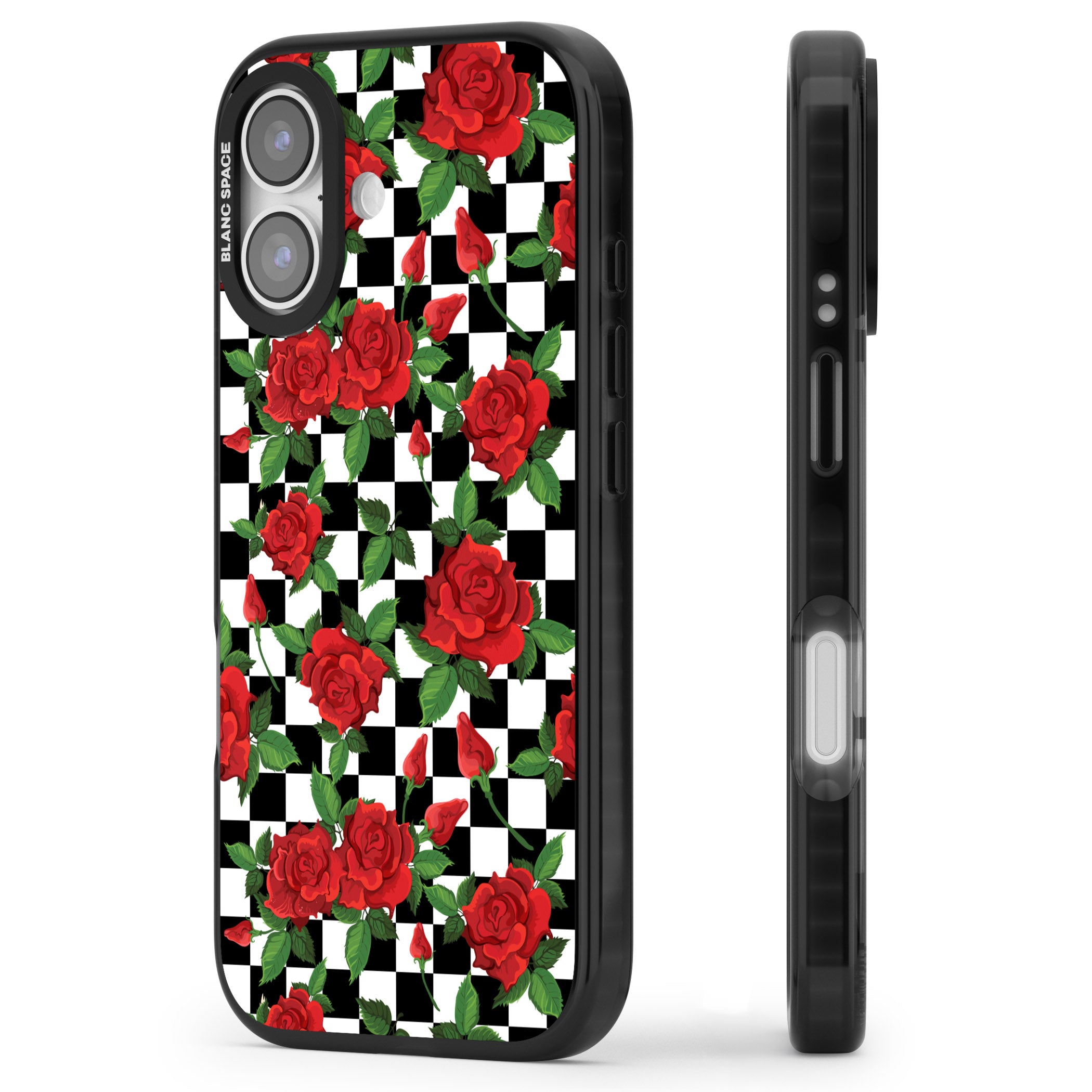 Checkered Roses iPhone 17 Impact Black Phone Case Side Profile