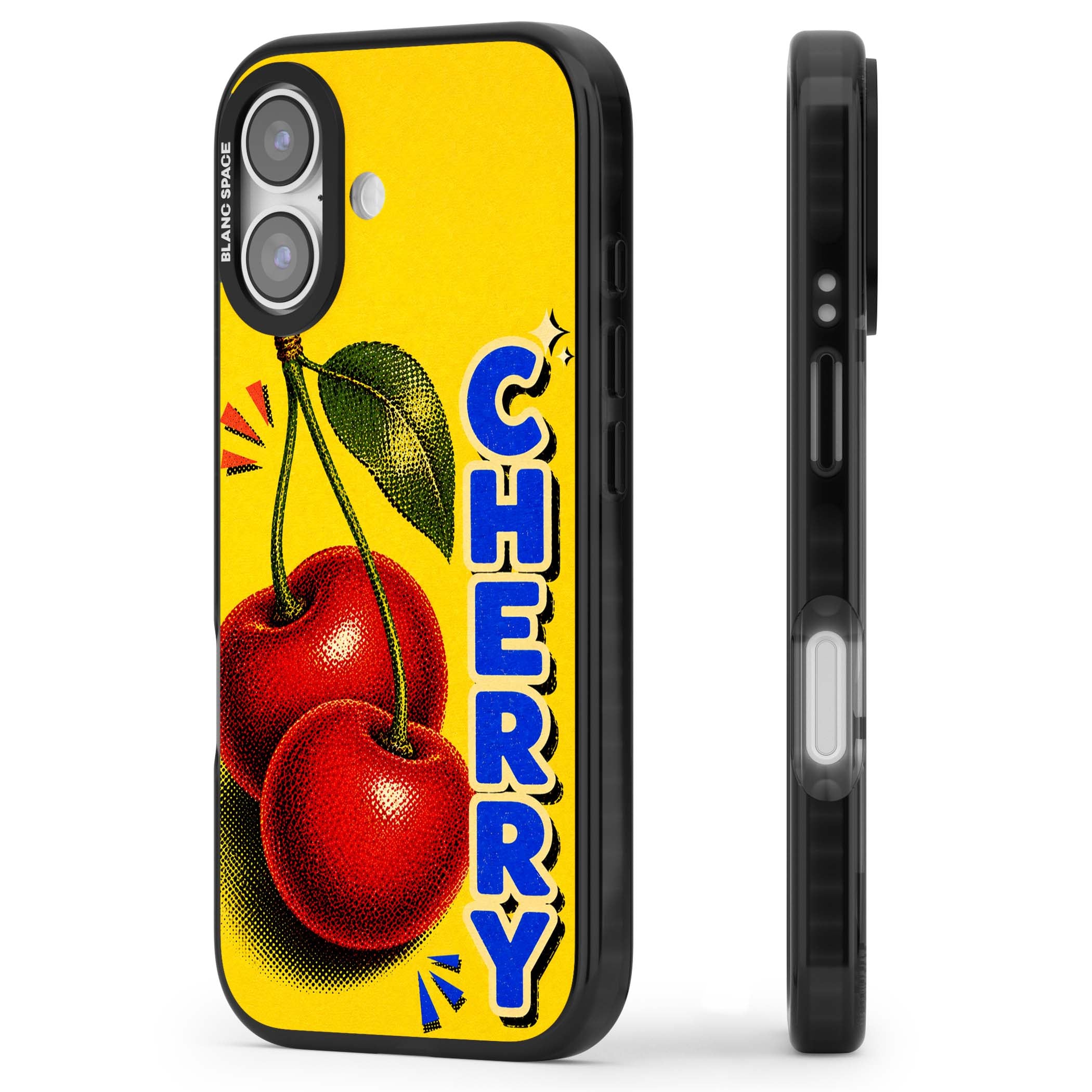 Cherry Yellow y2k iPhone case featuring two red cherries, halftone shading and bold blue CHERRY lettering on yellow | Clear Impact case for iPhone 17