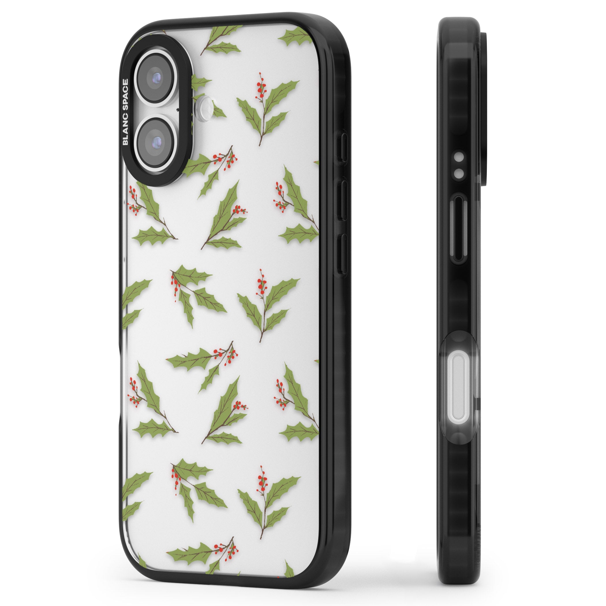 Christmas Holly Pattern iPhone 17 Impact Black Phone Case Side Profile