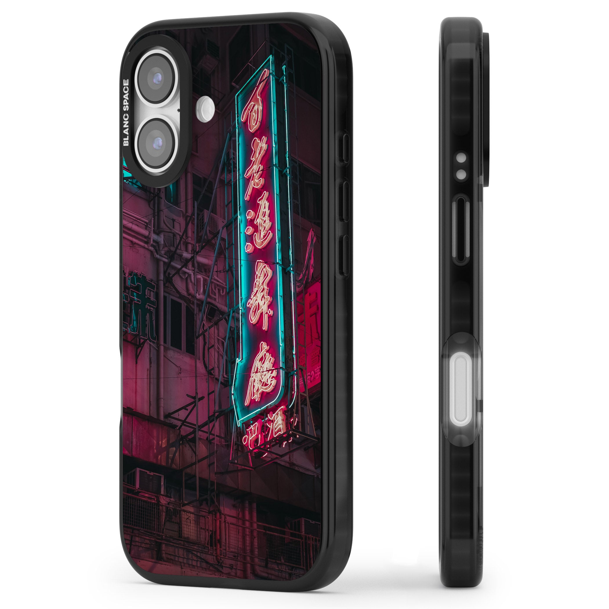 Neon Kanji Cityscape iPhone 17 Impact Black Phone Case Side Profile