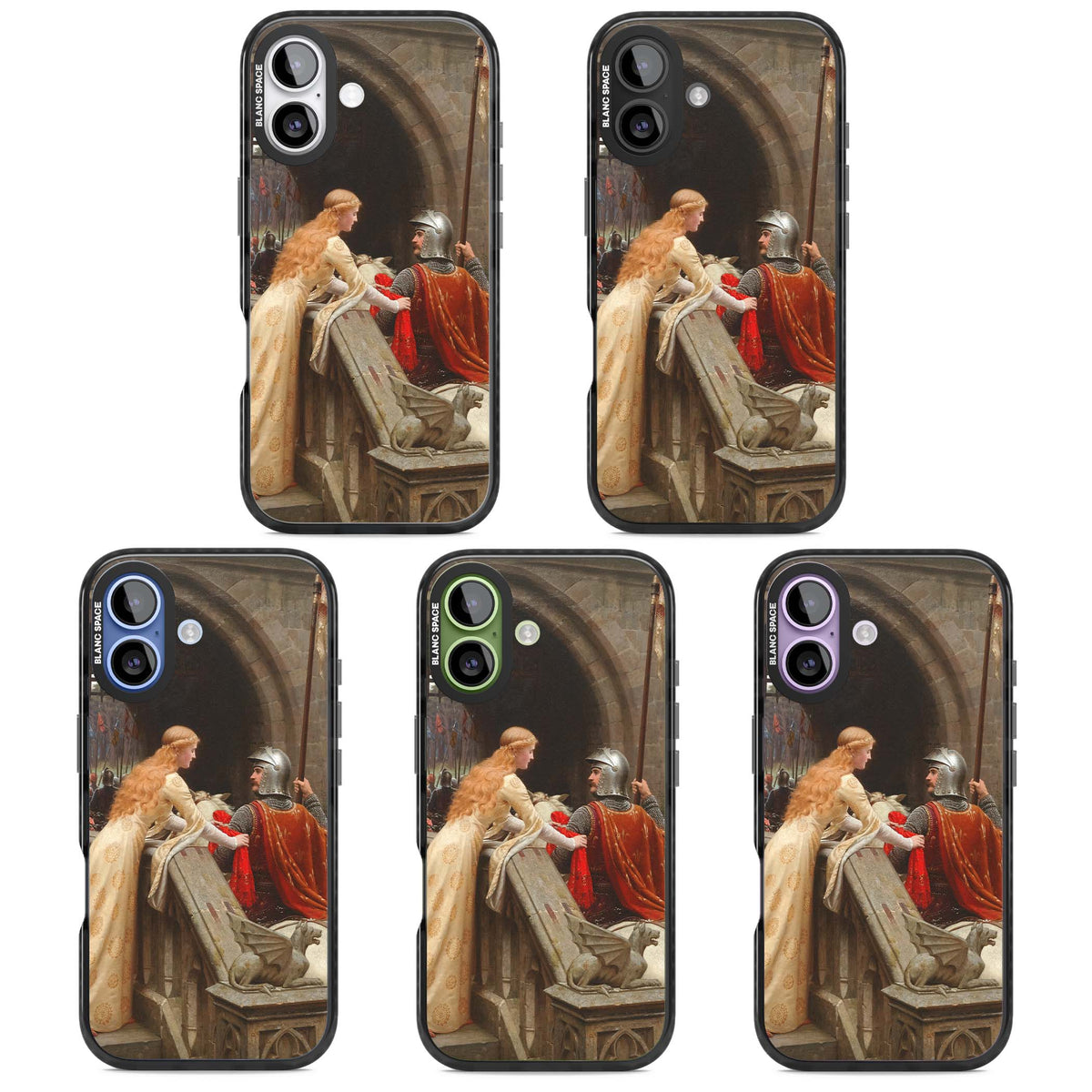 God Speed fine art iPhone case featuring Edmund Blair Leighton's medieval knight and lady beneath a stone archway | Clear Impact case for iPhone 17