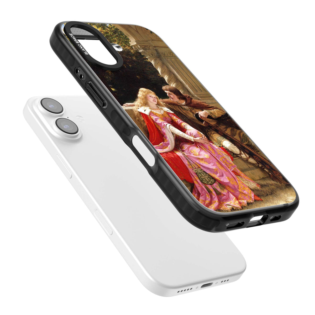 The End of the Song classic art iPhone case featuring a medieval lady in pink gown and her knight in a stone archway | Clear Impact case for iPhone 17