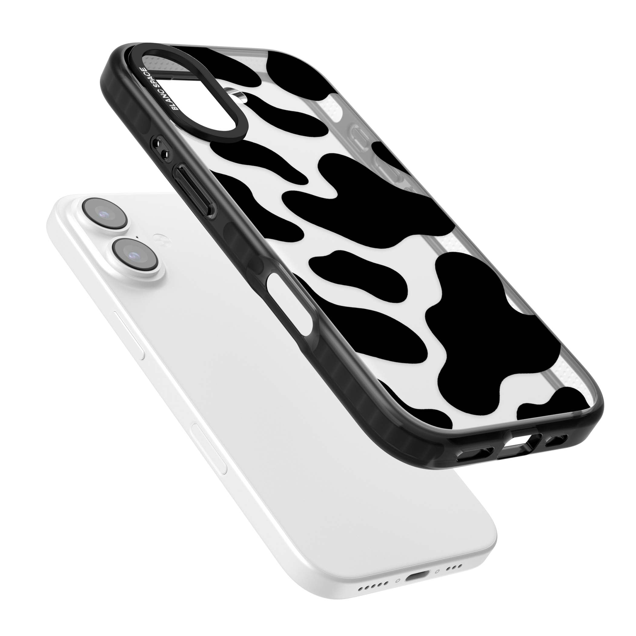 Clear Cow Print cow print iPhone case featuring black and white cow pattern splotches on a clear background | Clear Impact case for iPhone 17