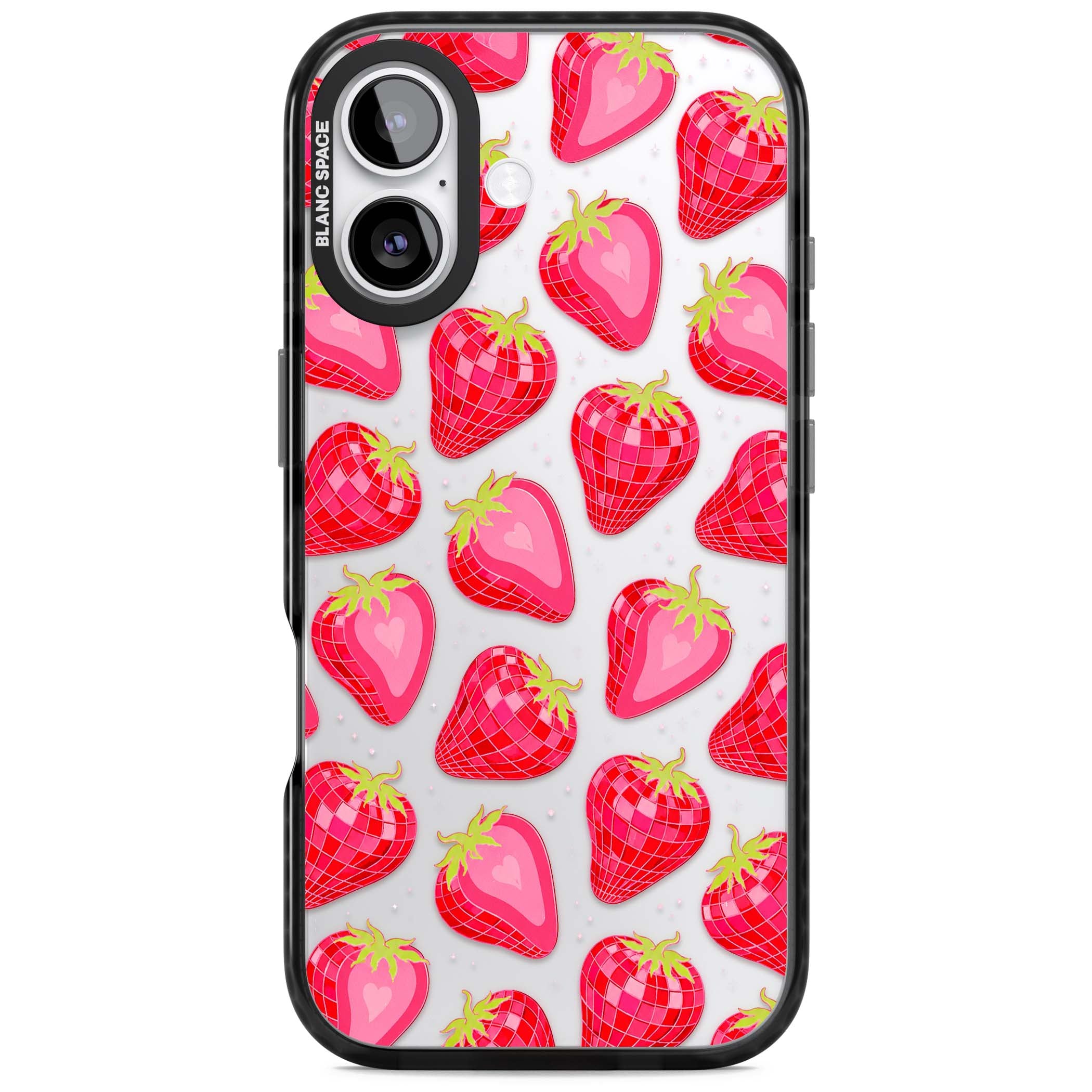 Disco Strawberry Y2K iPhone case featuring pink disco-ball strawberries, green leaves and tiny sparkles | Clear Impact case for iPhone 17