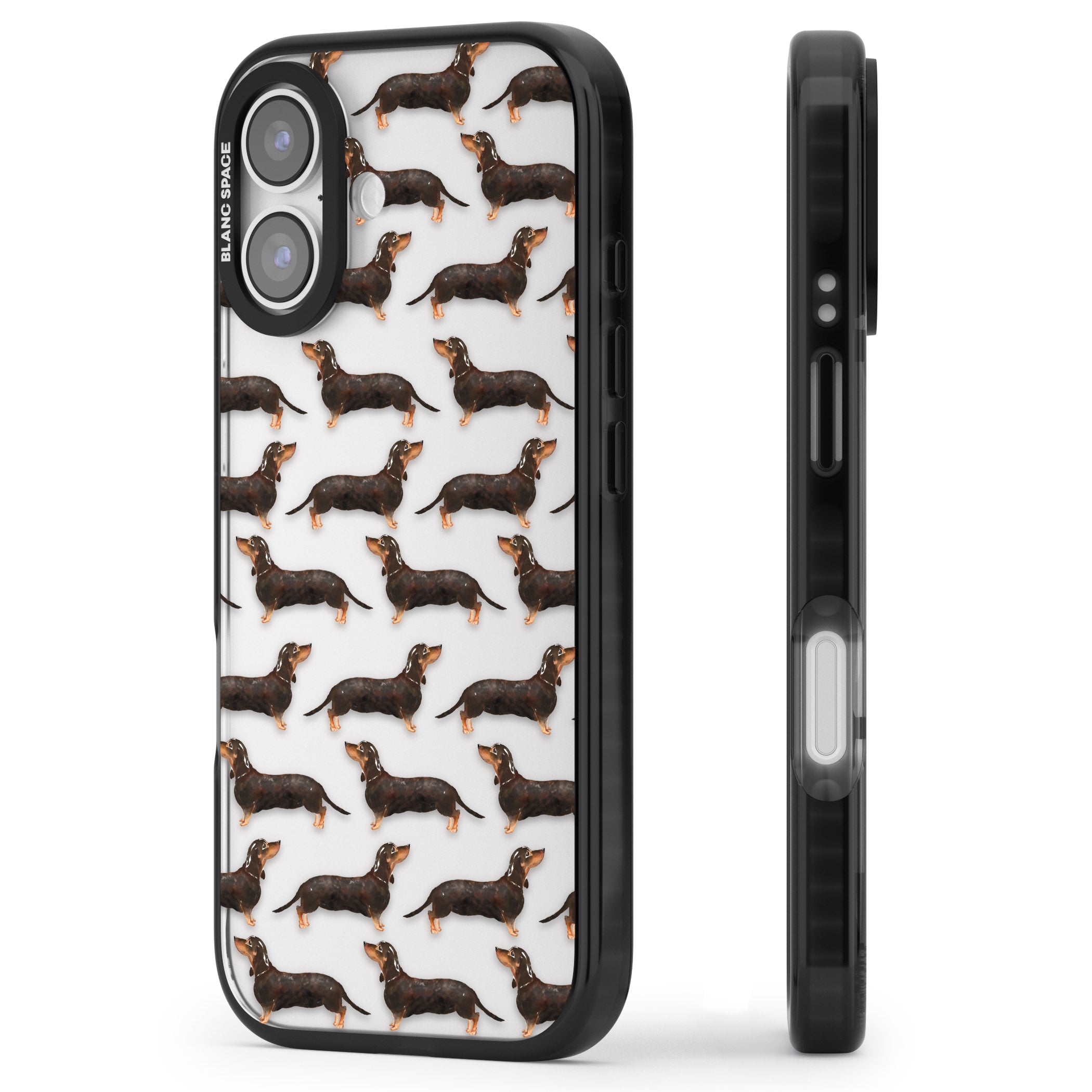 Dachshund Pattern Black Tan iPhone 17 Impact Black Phone Case Side Profile
