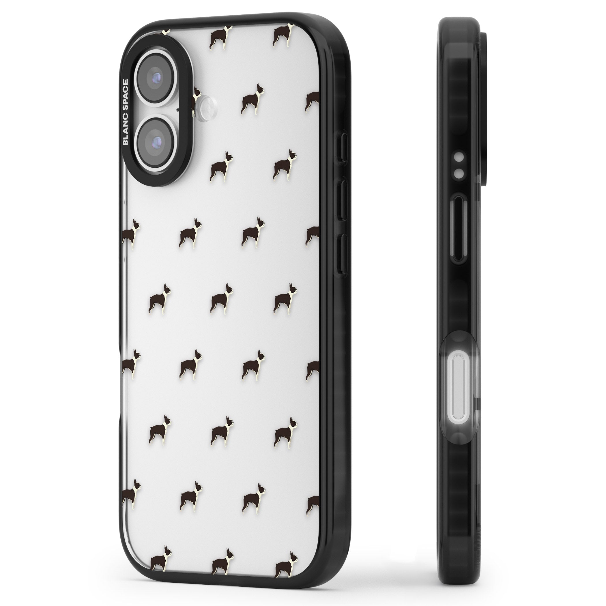 Boston Terrier Pattern iPhone 17 Impact Black Phone Case Side Profile