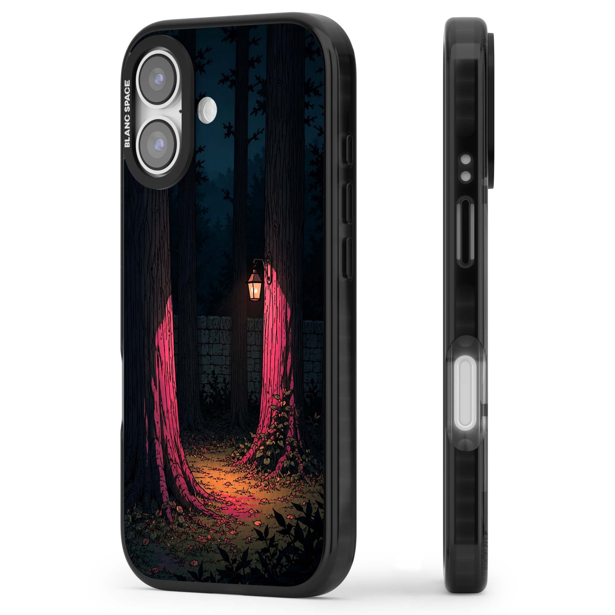 Forest Lantern dark academia iPhone case featuring a moonlit forest, glowing lantern, and stone wall pathway | Clear Impact case for iPhone 17