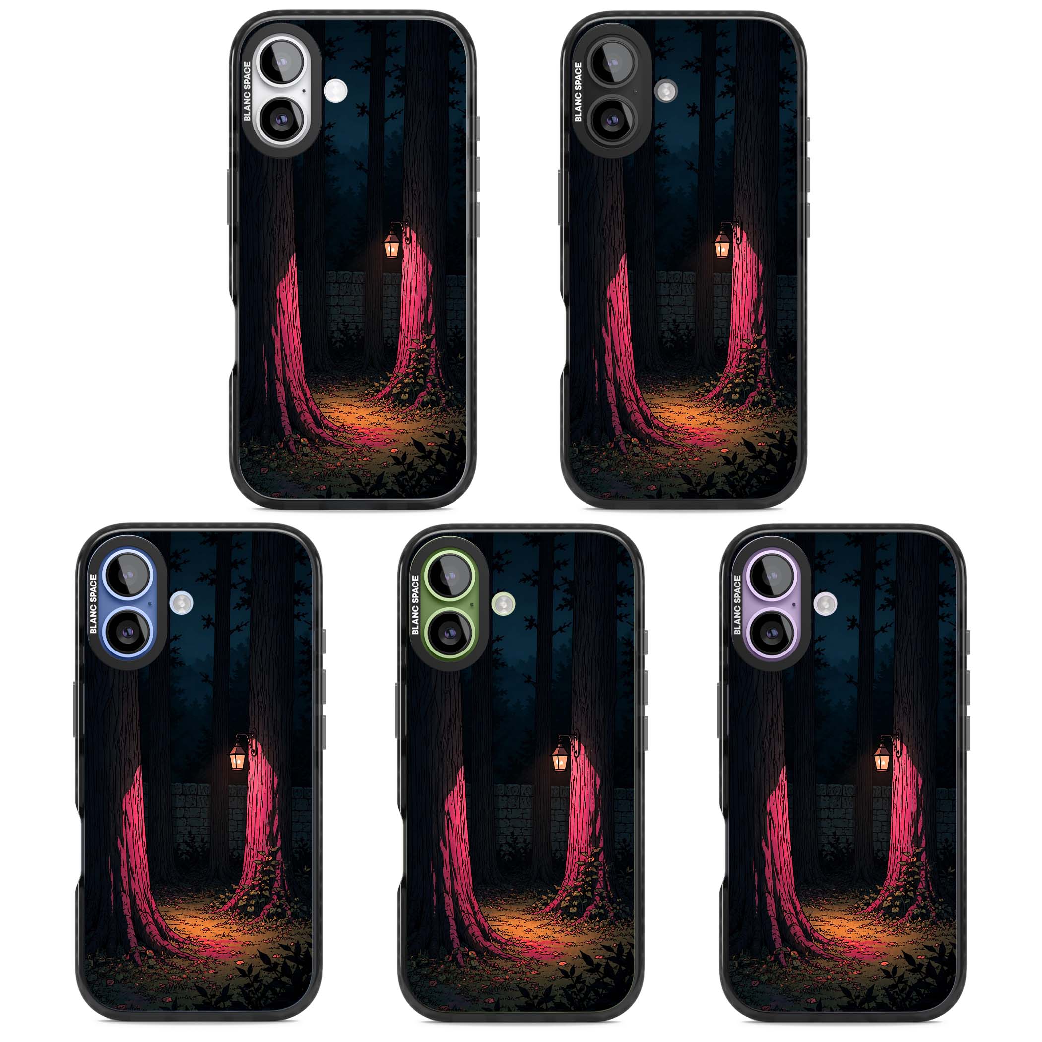 Forest Lantern dark academia iPhone case featuring a moonlit forest, glowing lantern, and stone wall pathway | Clear Impact case for iPhone 17