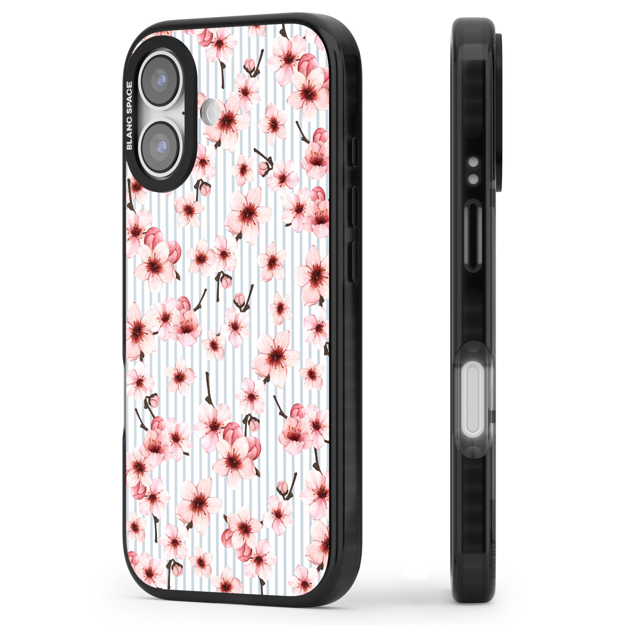 Cherry Blossoms Striped iPhone 17 Impact Black Phone Case Side Profile