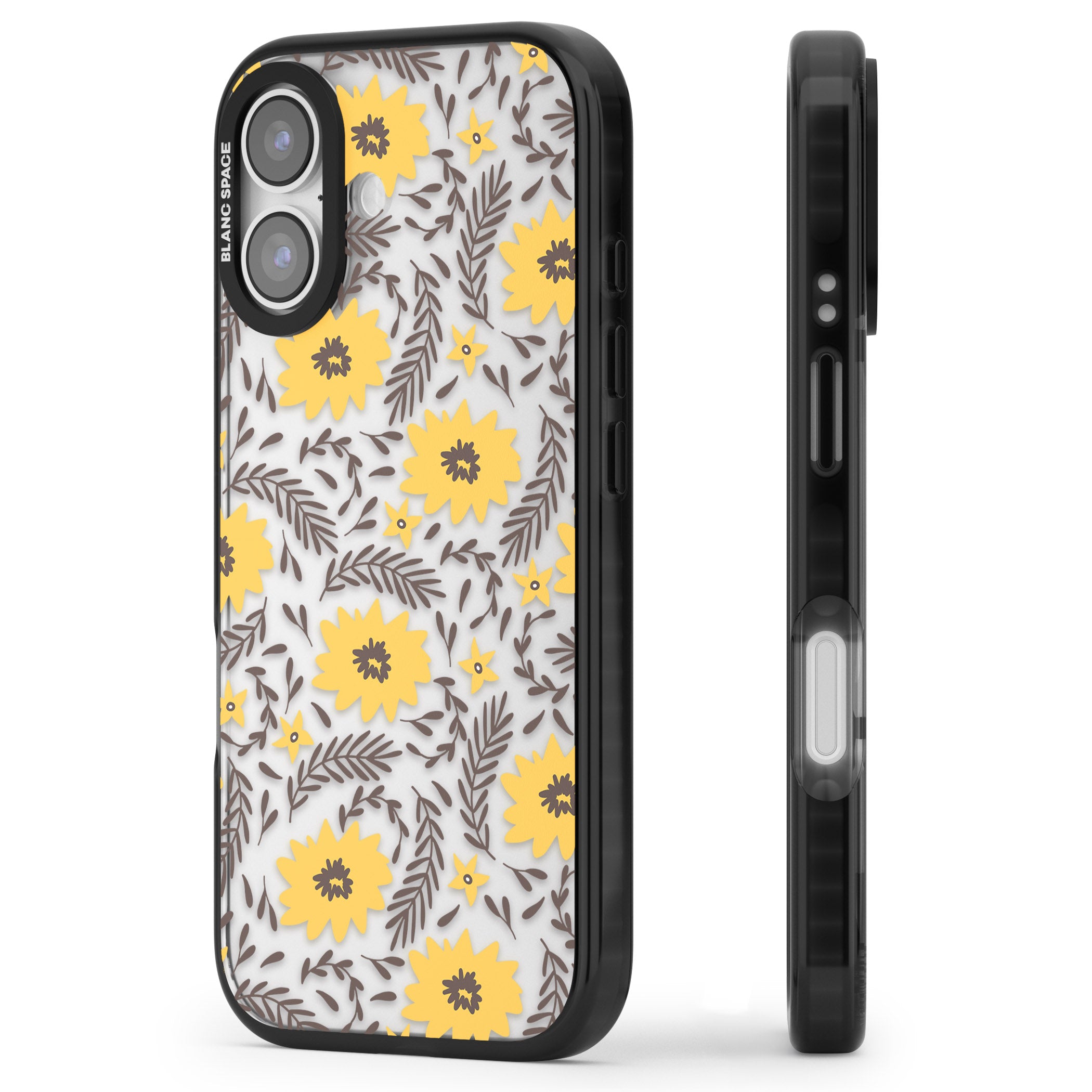 Yellow Blossoms Floral iPhone 17 Impact Black Phone Case Side Profile