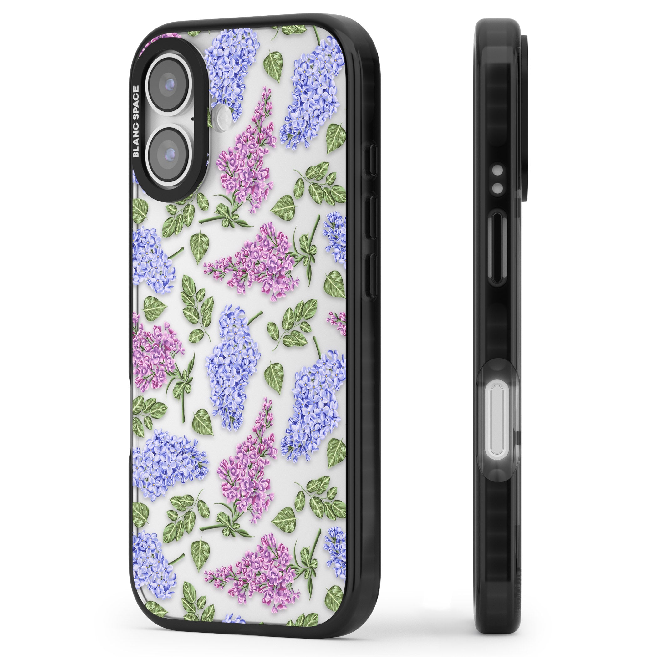 Purple Blossoms Transparent Floral iPhone 17 Impact Black Phone Case Side Profile