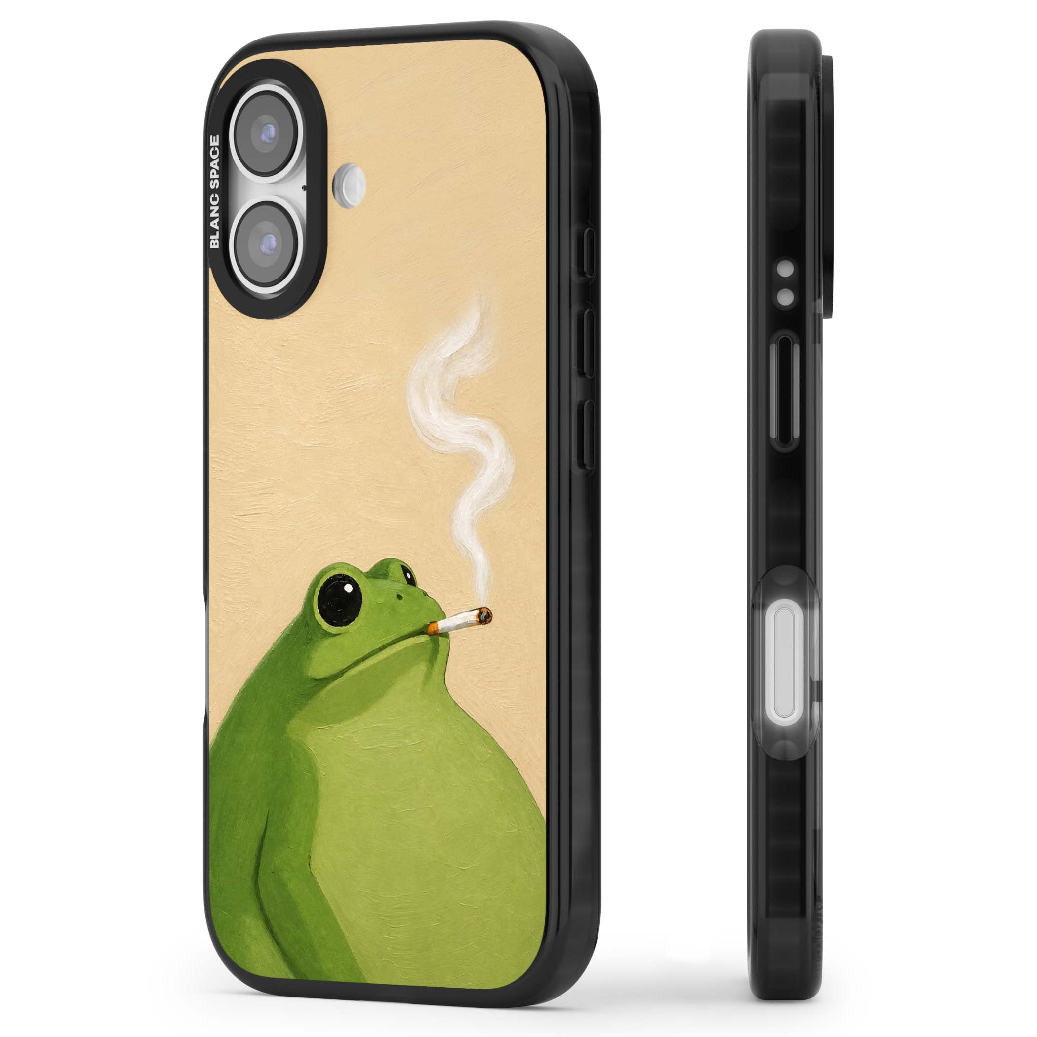 The Smoking Frog cottagecore iPhone case featuring a hand-painted green frog smoking a cigarette on a cream oil painting back | Clear Impact case for iPhone 17