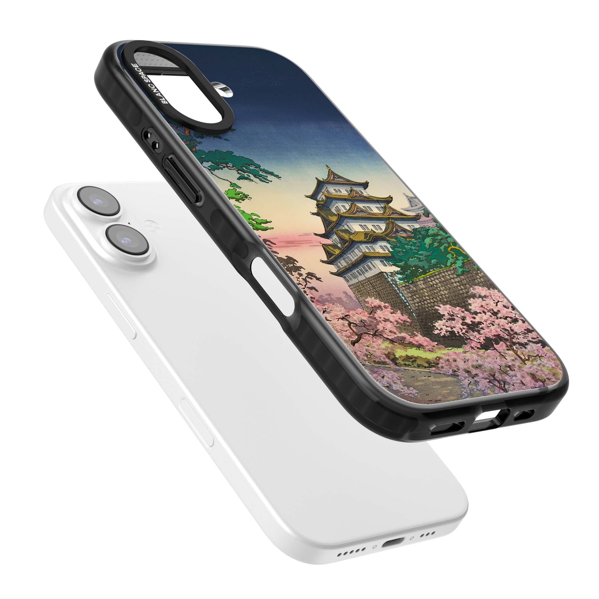 Nagoya Castle Japanese iPhone case featuring a vintage pagoda, twilight sky and cherry blossom trees | Clear Impact case for iPhone 17