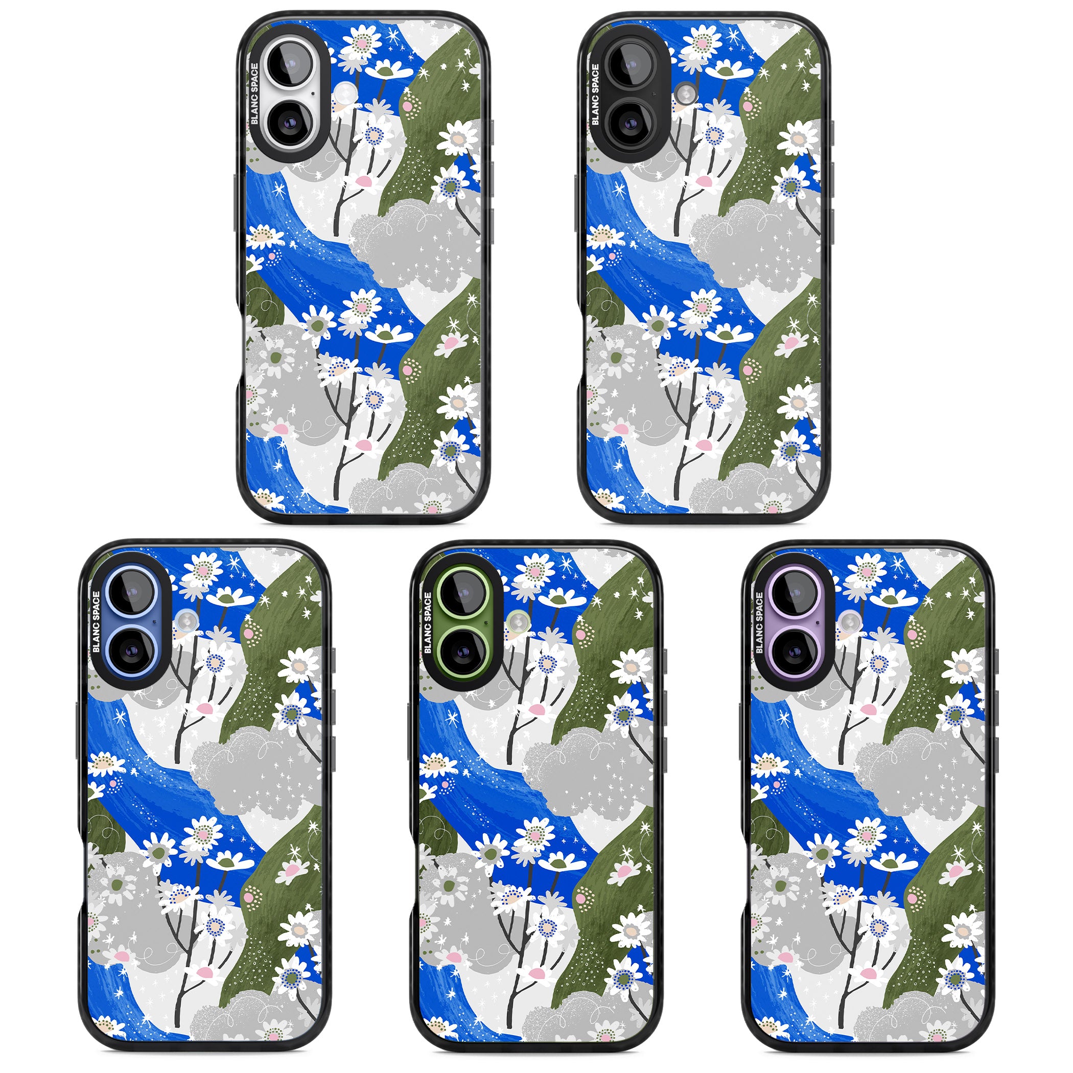 Blue & Grey Daisies Pattern iPhone 17 Impact Pro Black Phone Case APT Impact Protection