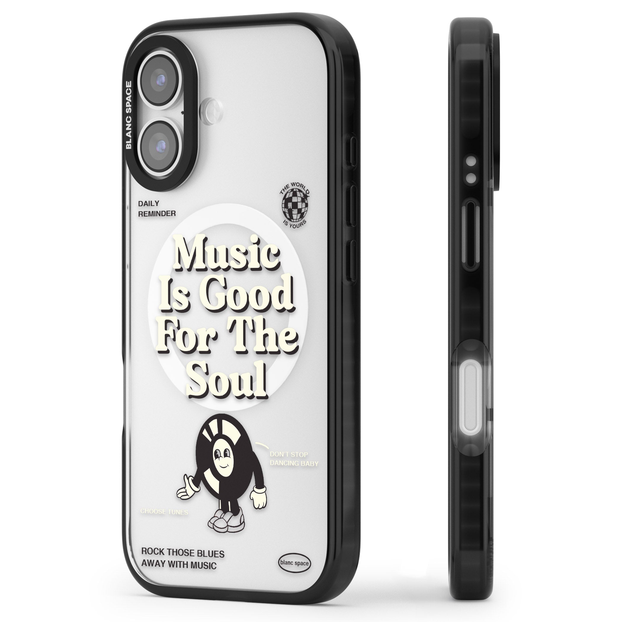 Music Is Good For The Soul iPhone 17 Impact Pro Black Phone Case Side Profile