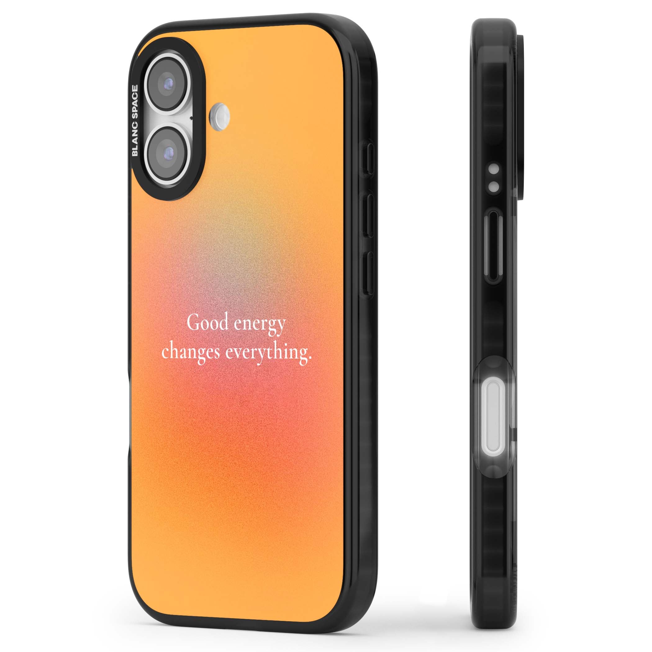 Good Energy quote iPhone case featuring an orange and pink aura gradient with white serif affirmation text | Black Impact Magsafe case for iPhone 17
