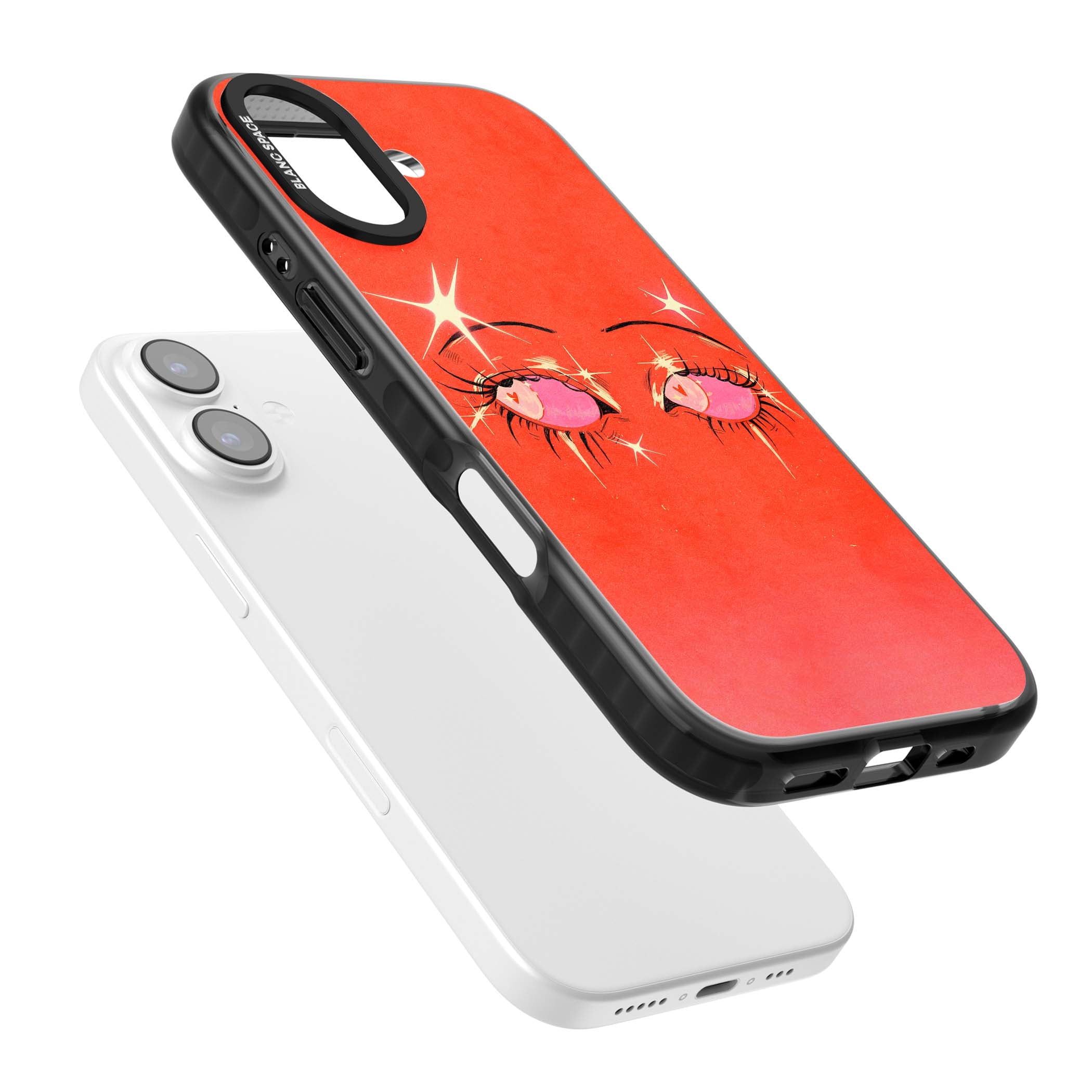 Pink Ethereal Eyes anime iPhone case featuring hand-drawn sparkly eyes with pink hearts and gold stars on red | Black Impact Magsafe case for iPhone 17