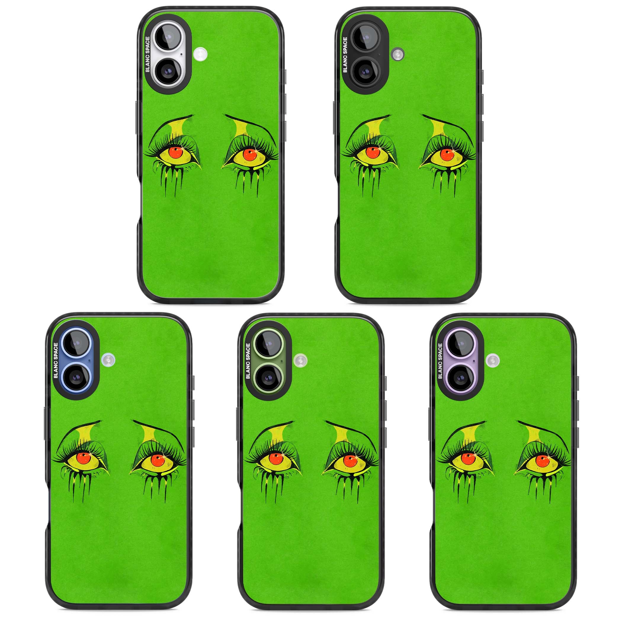 Green Enchanted Eyes psychedelic art iPhone case featuring hand-drawn dripping eyes on neon green background | Black Impact Magsafe case for iPhone 17
