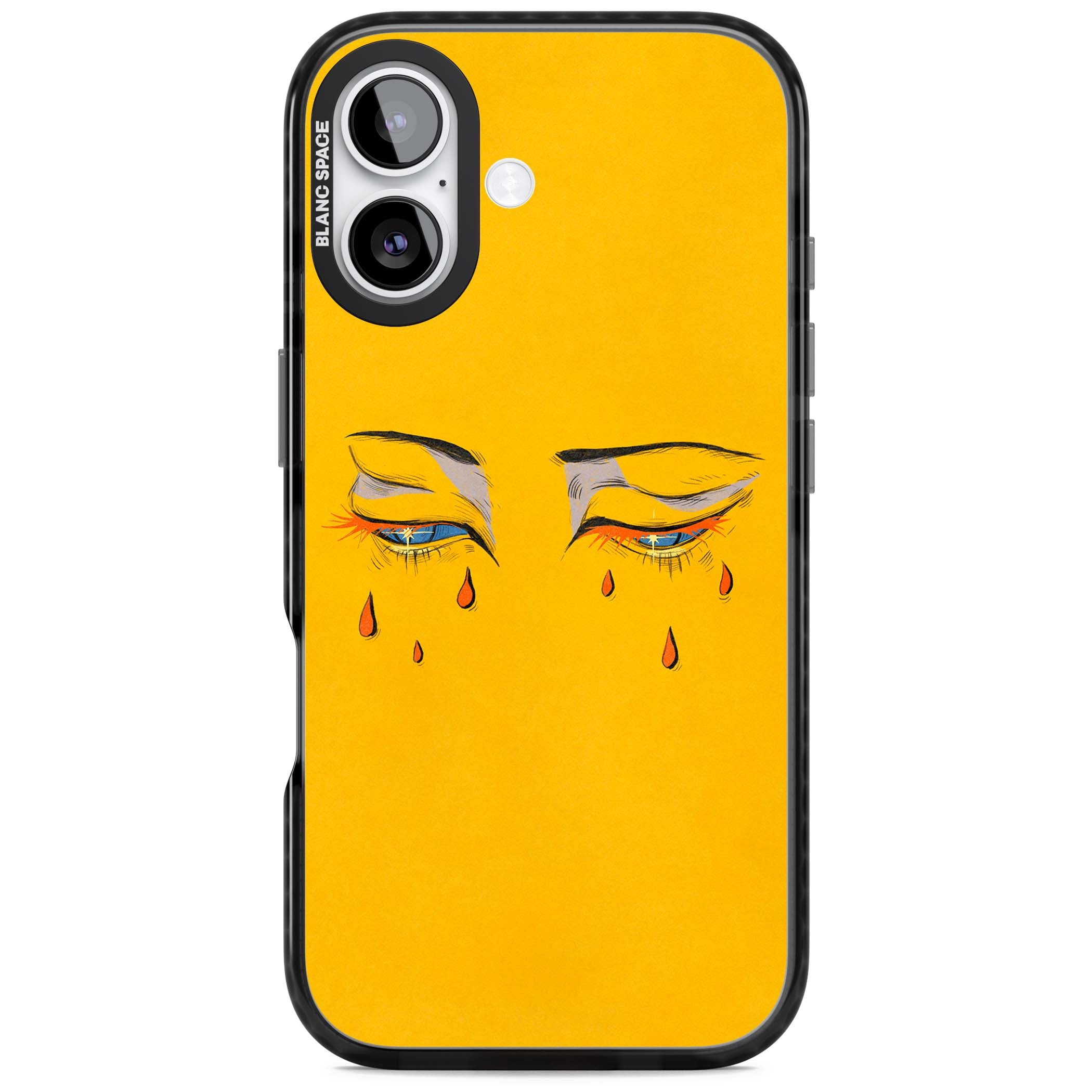 Yellow Tearful Eyes indie iPhone case featuring hand-drawn crying eyes with orange tears on a yellow background | Black Impact Magsafe case for iPhone 17