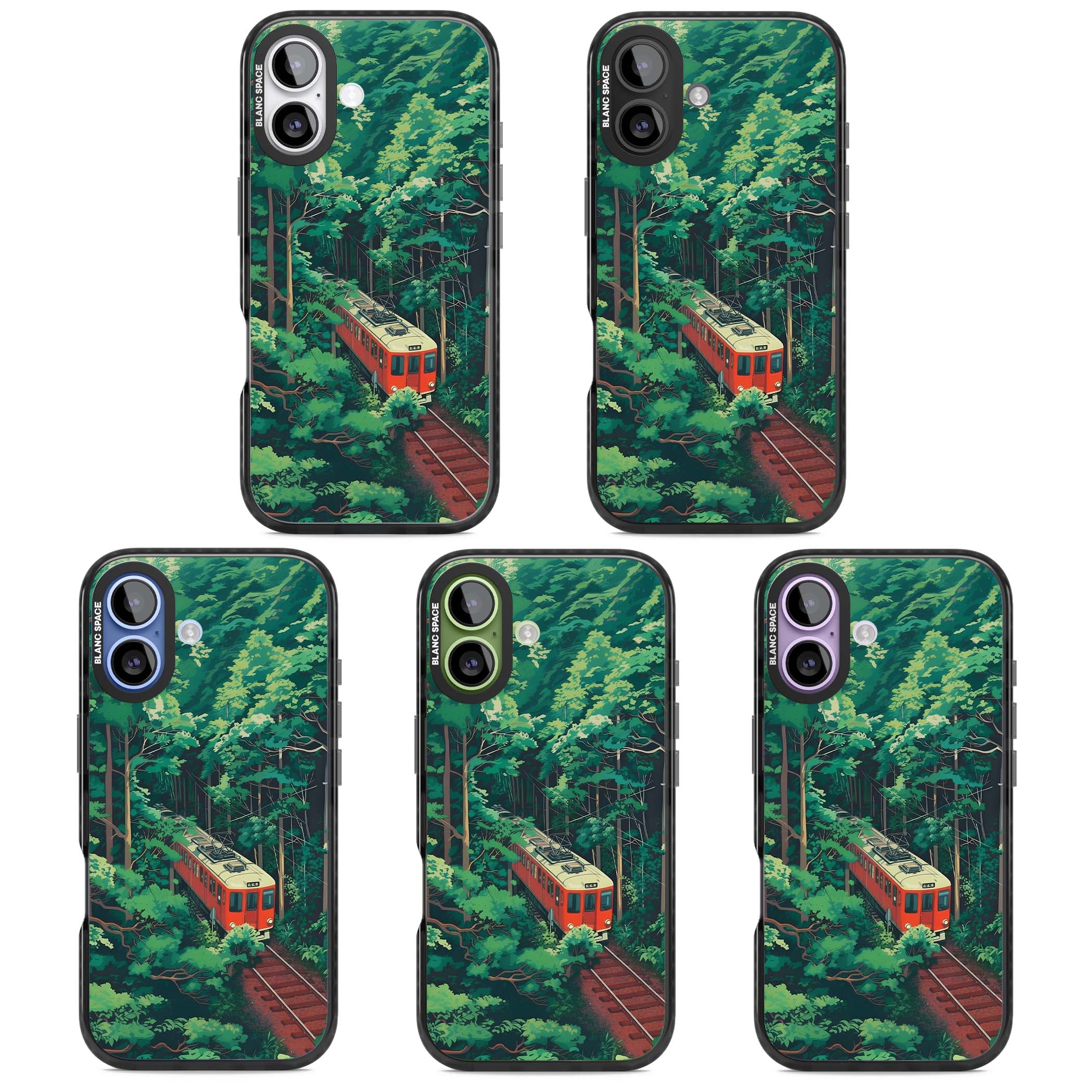 Railway In Toyama Japanese iPhone case featuring a red train, cedar forest and winding mountain railway tracks | Black Impact Magsafe case for iPhone 17