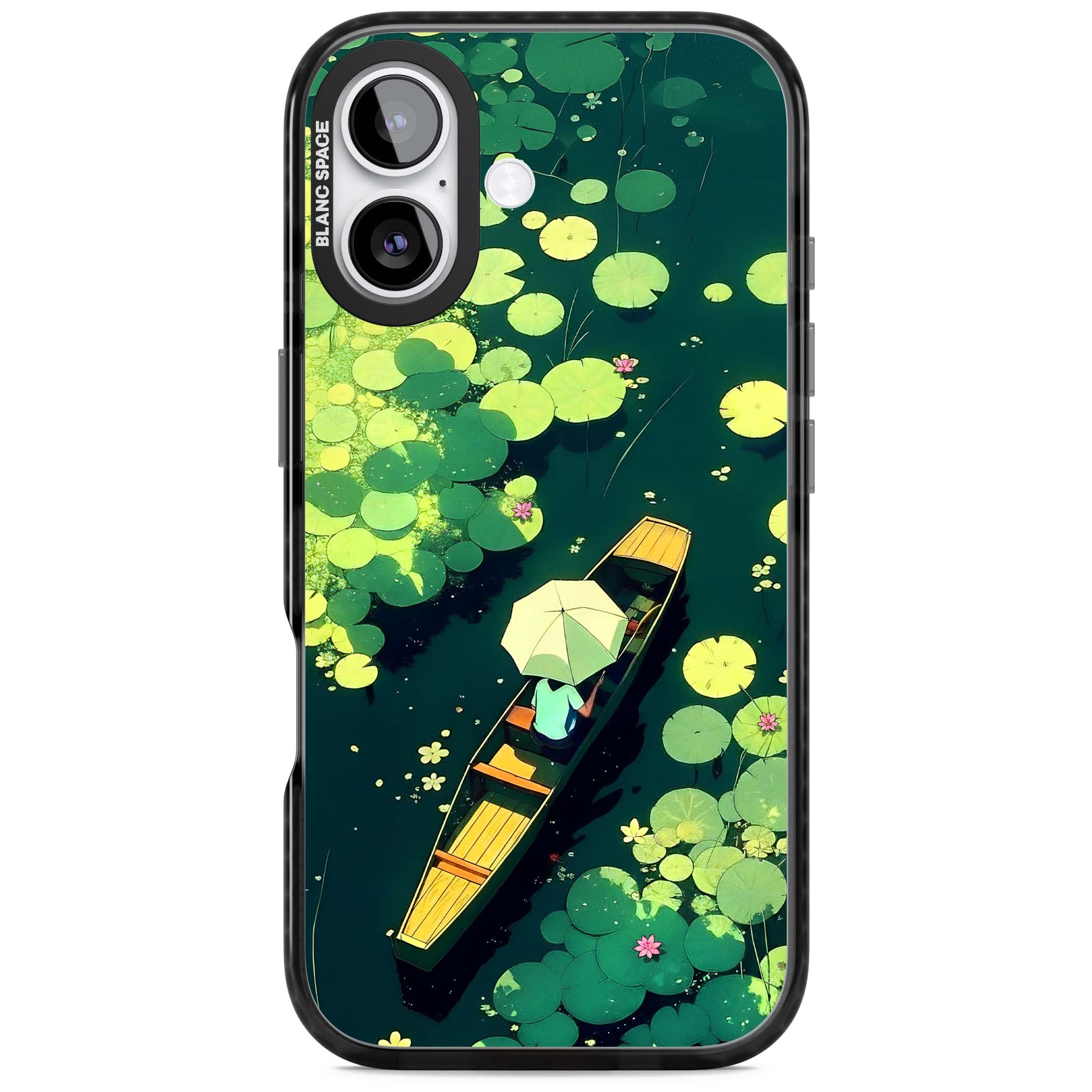 Jade Waters cottagecore iPhone case featuring a painted lily pond, wooden boat with parasol and floating water lilies | Black Impact Magsafe case for iPhone 17
