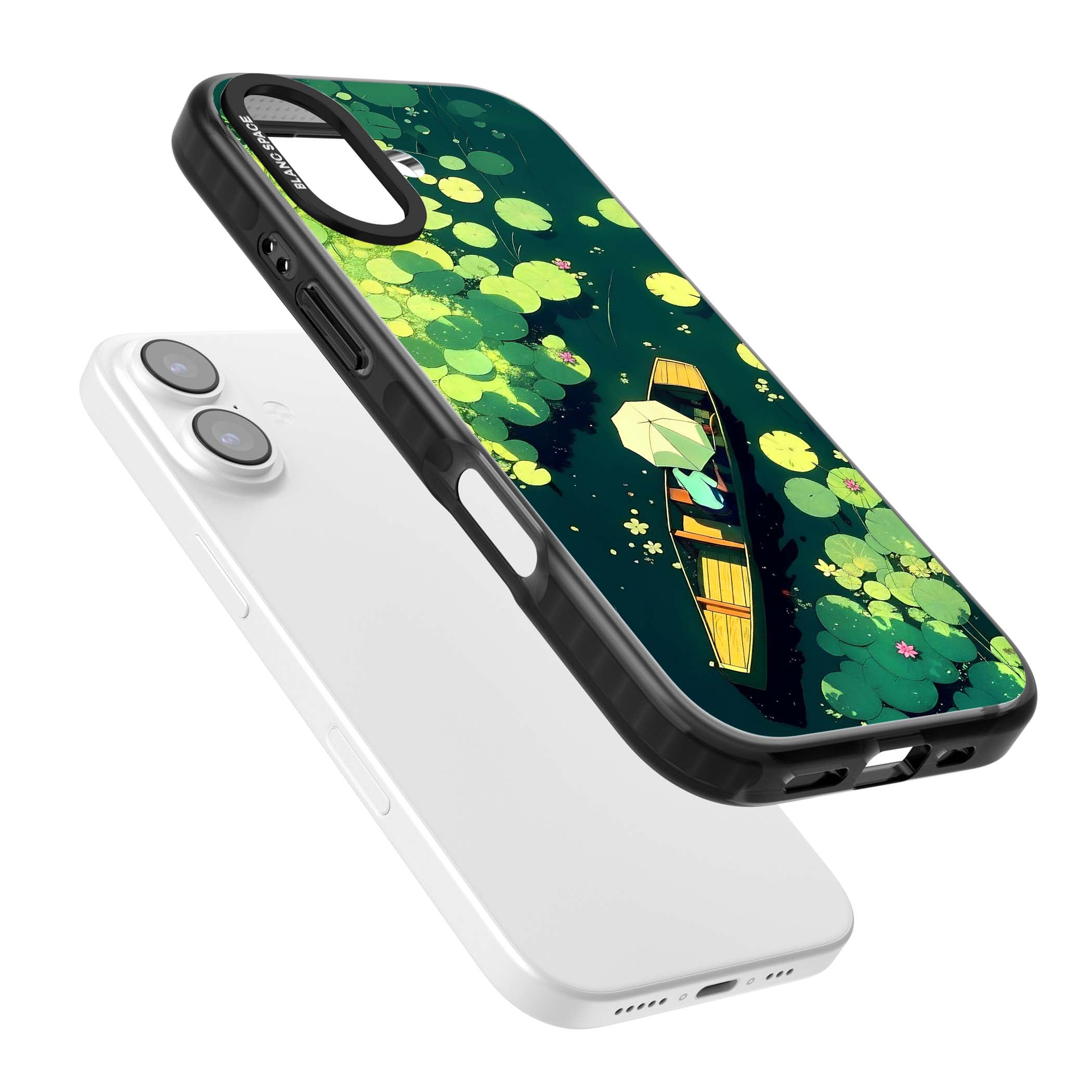 Jade Waters cottagecore iPhone case featuring a painted lily pond, wooden boat with parasol and floating water lilies | Black Impact Magsafe case for iPhone 17
