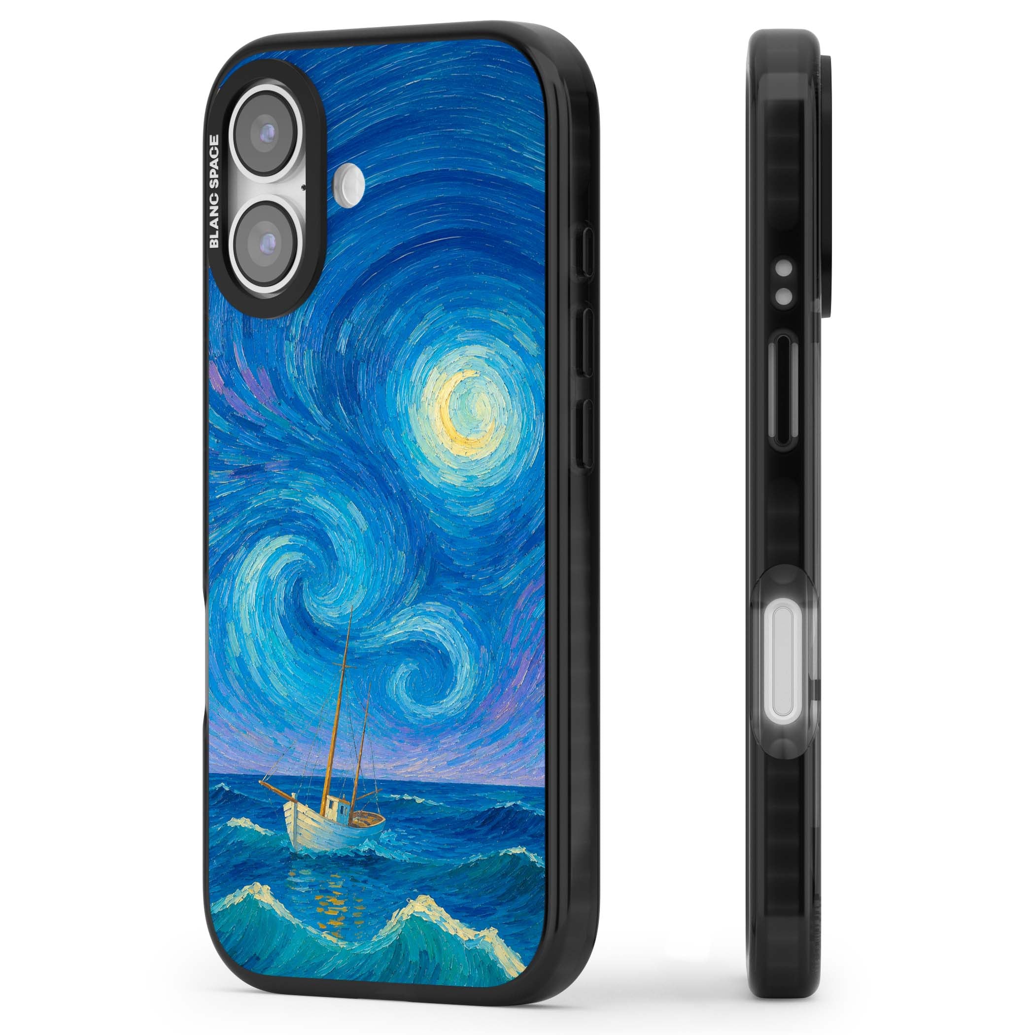Moonlit Tide Van Gogh art iPhone case featuring swirling starry night sky, glowing moon and lone sailing boat at sea | Black Impact Magsafe case for iPhone 17
