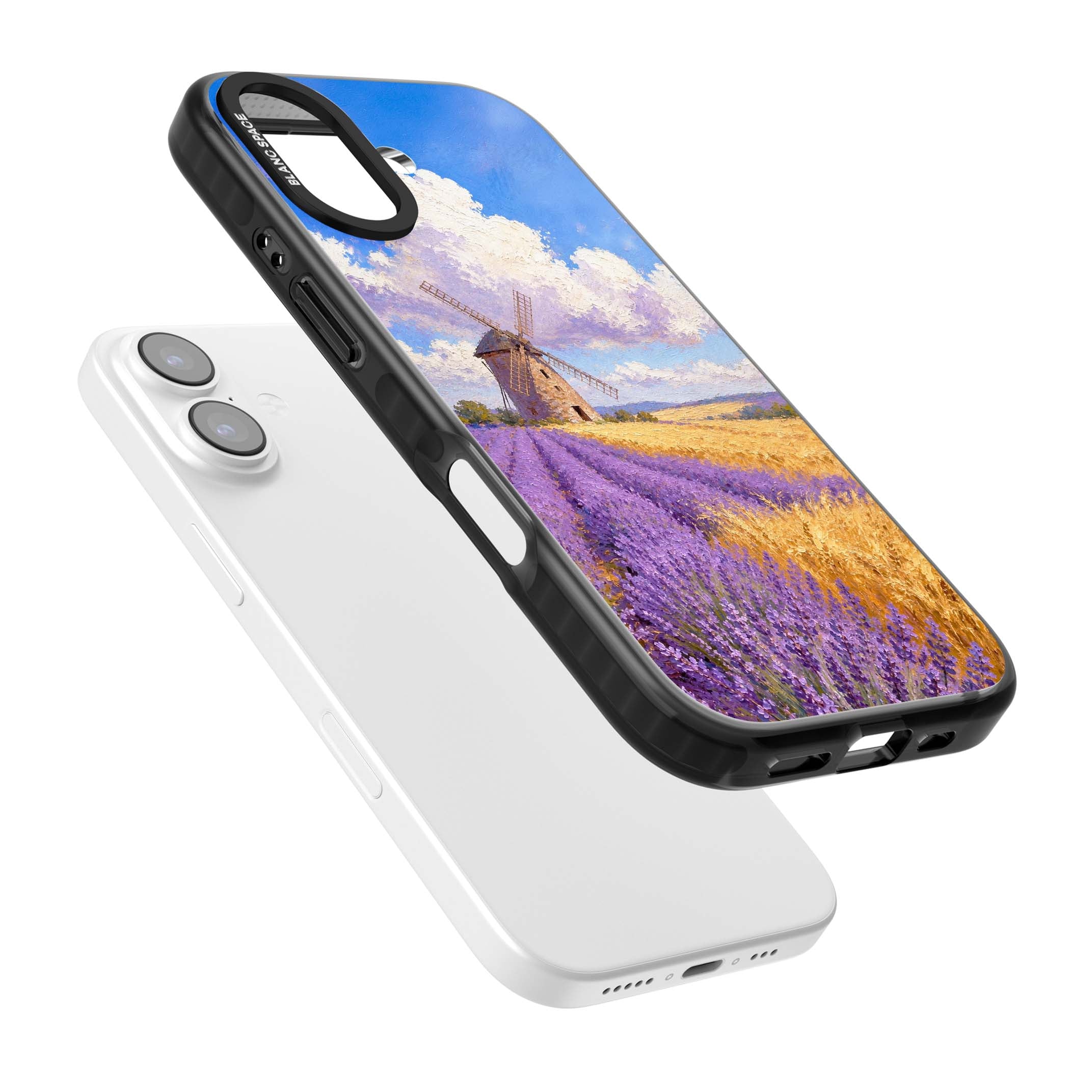 Lavender Mill cottagecore iPhone case featuring a French windmill, lavender field and golden wheat oil painting | Black Impact Magsafe case for iPhone 17