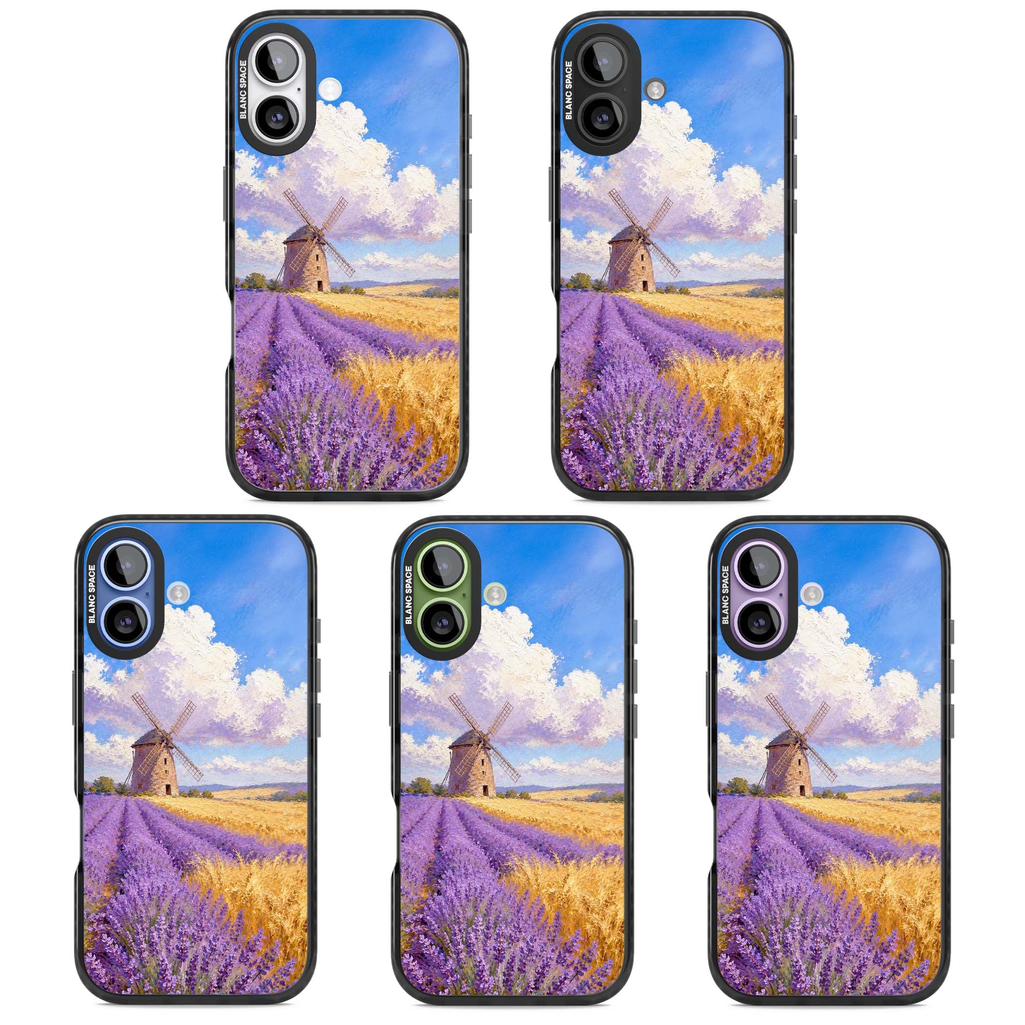 Lavender Mill cottagecore iPhone case featuring a French windmill, lavender field and golden wheat oil painting | Black Impact Magsafe case for iPhone 17