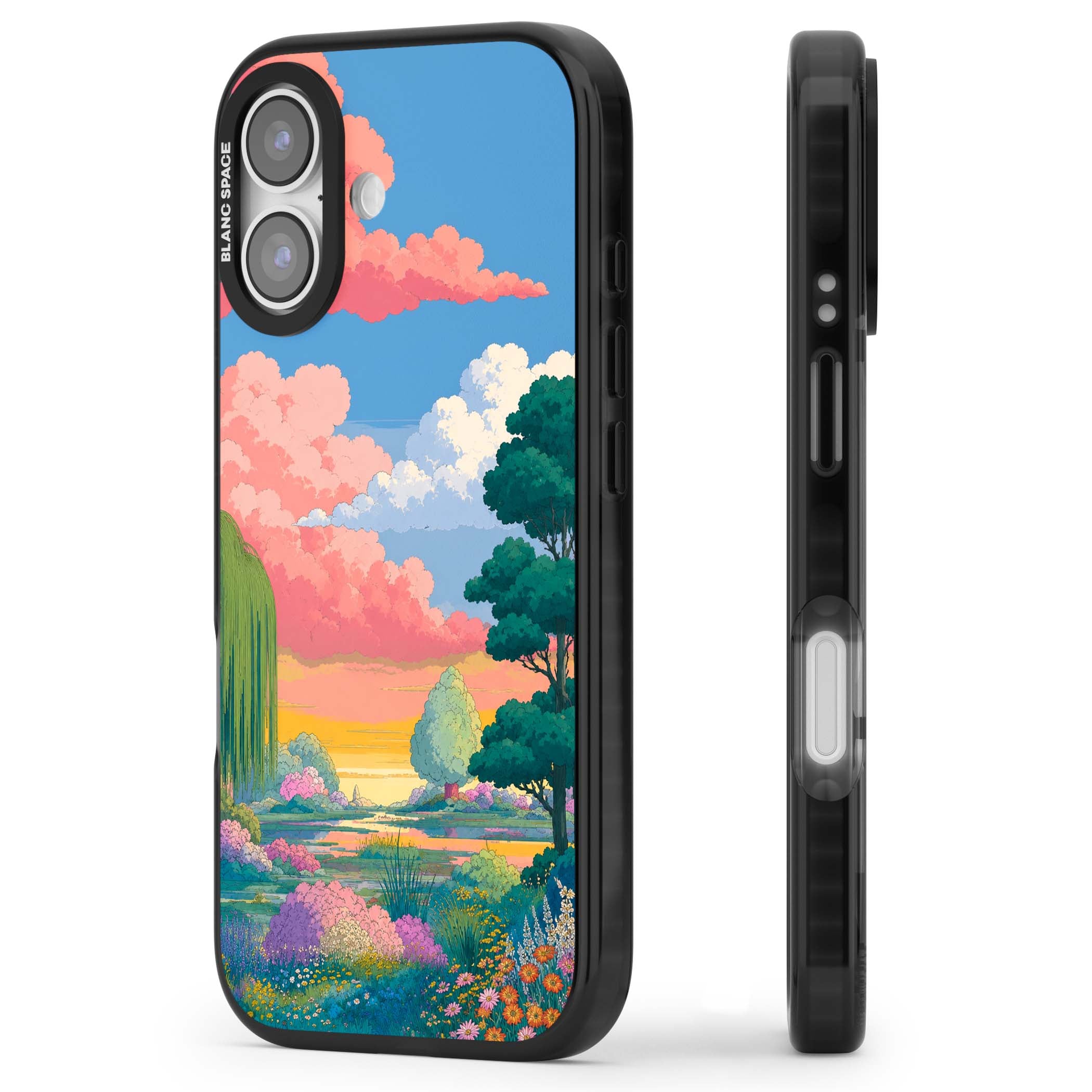 Dream Valley anime landscape iPhone case featuring pink sunset clouds, willow trees and wildflowers | Black Impact Magsafe case for iPhone 17