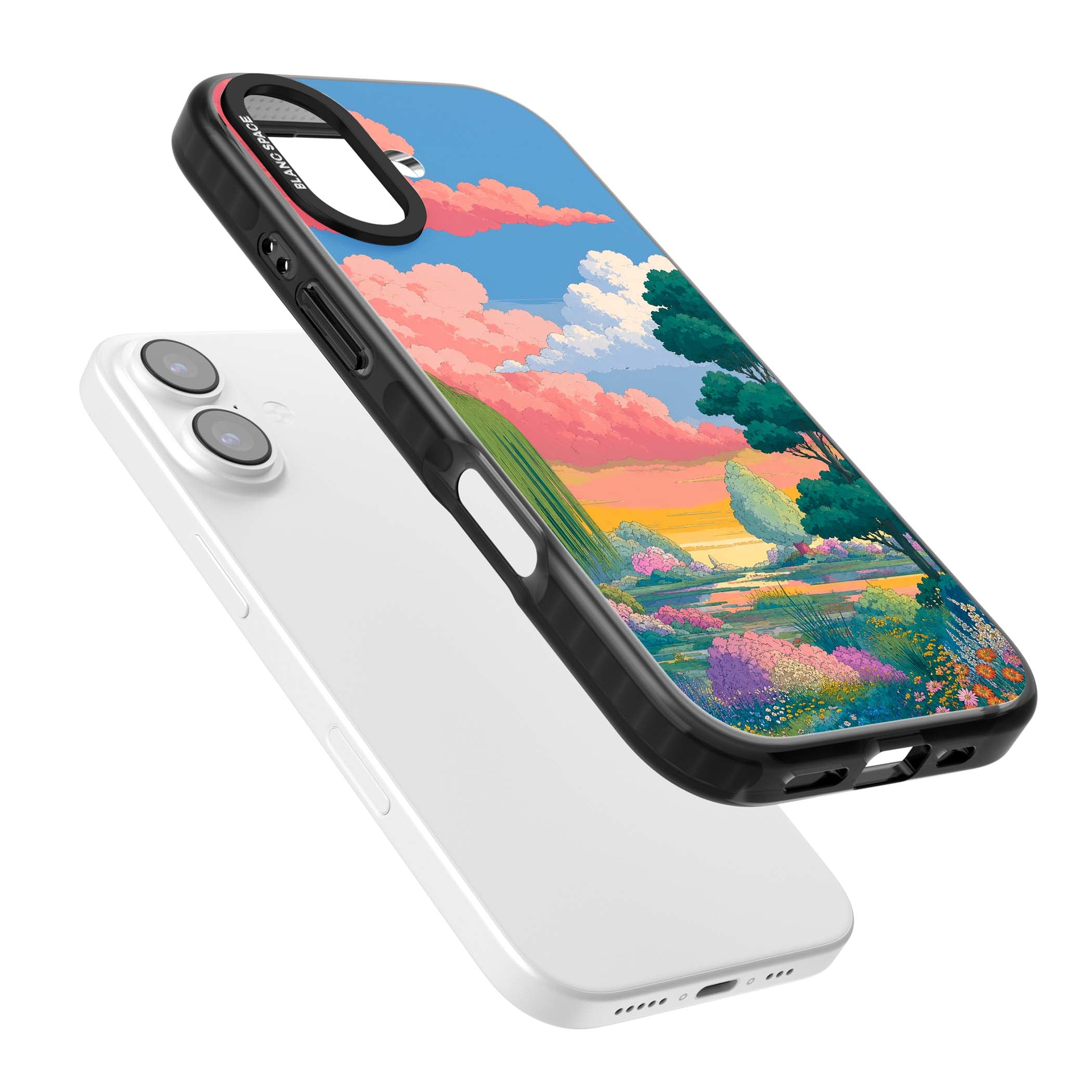 Dream Valley anime landscape iPhone case featuring pink sunset clouds, willow trees and wildflowers | Black Impact Magsafe case for iPhone 17