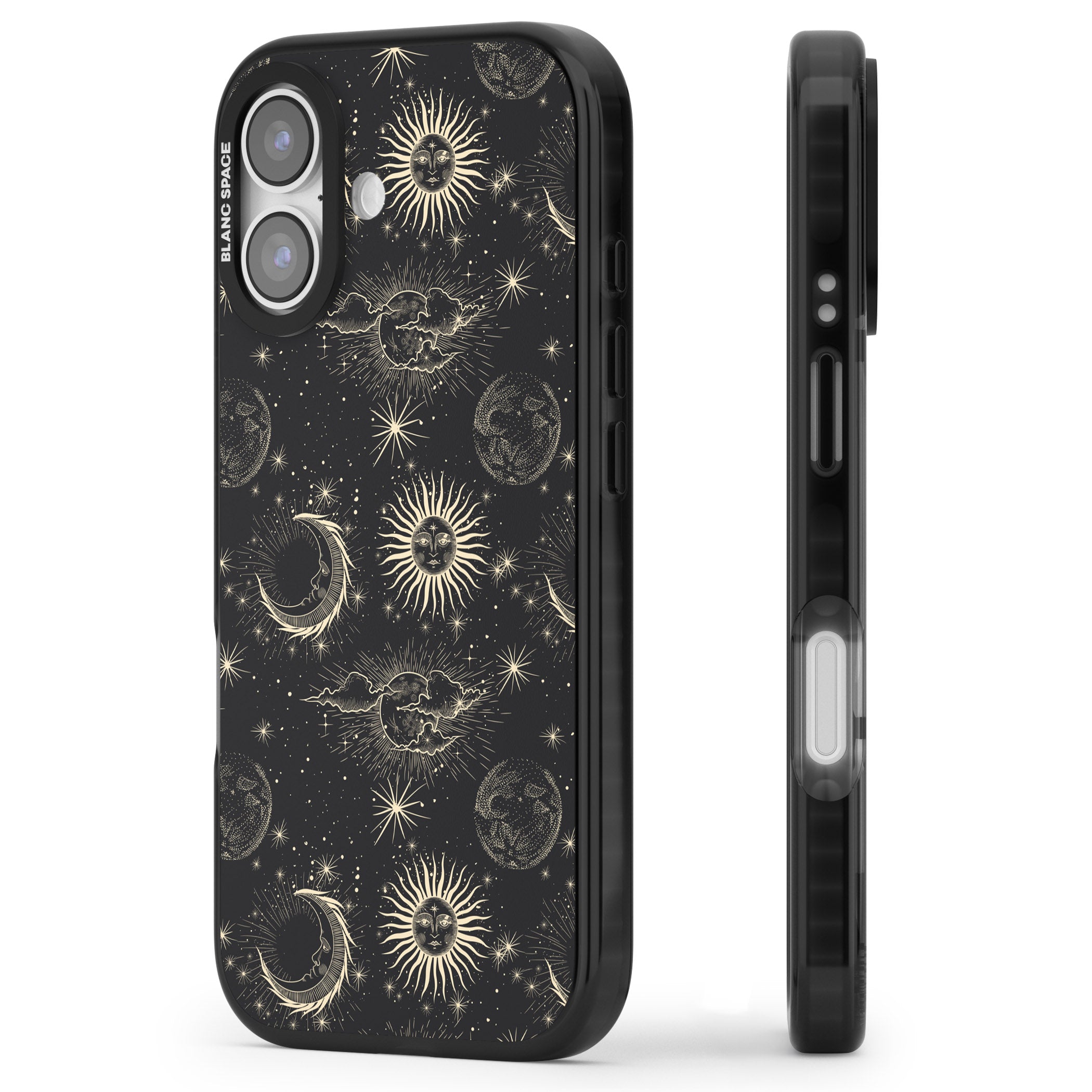 Suns & Moons Celestial Night iPhone 17 Impact Pro Black Phone Case Side Profile