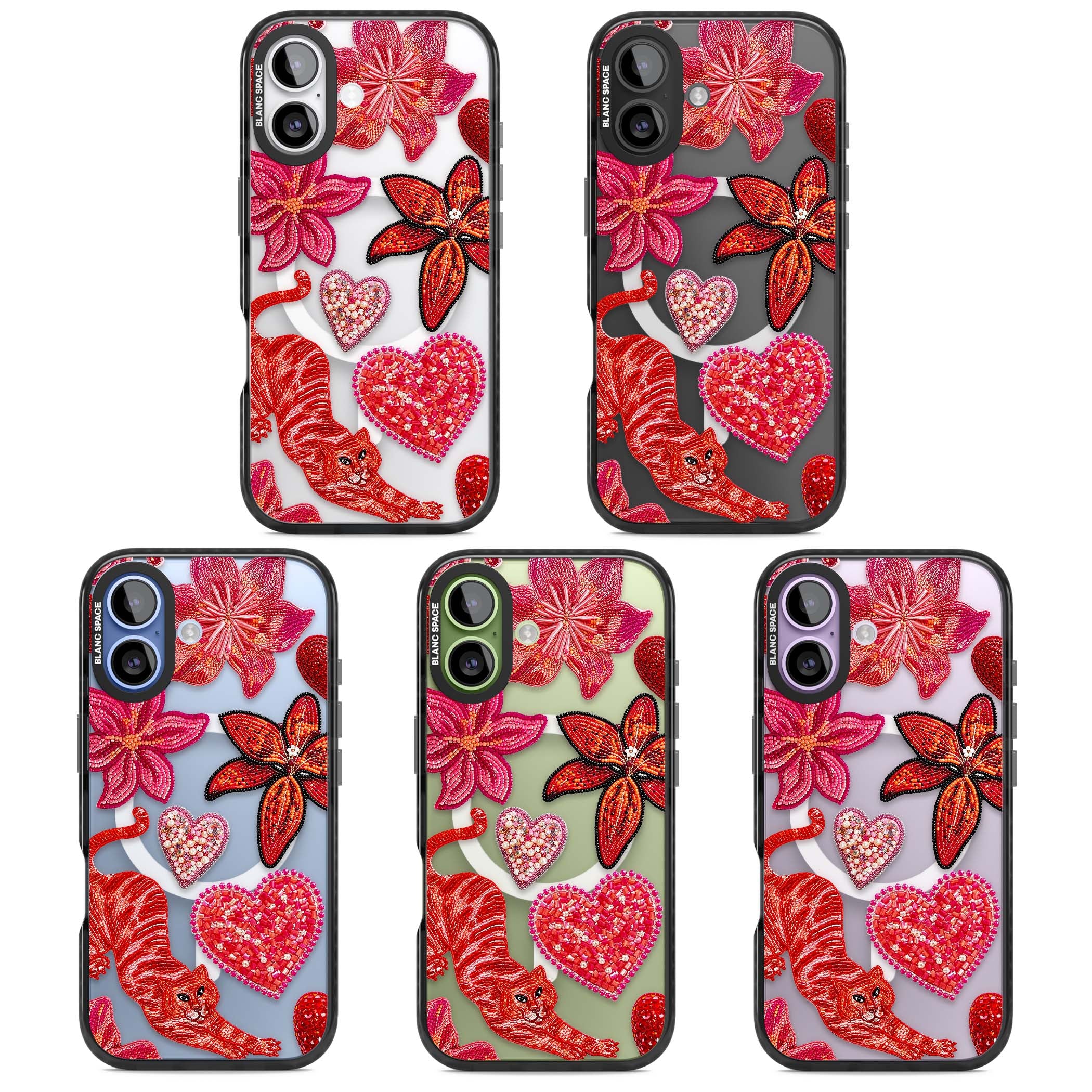 Beaded Boho floral iPhone case featuring beaded red lilies, a stitched tiger, and pearl-encrusted hearts on clear | Black Impact Magsafe case for iPhone 17