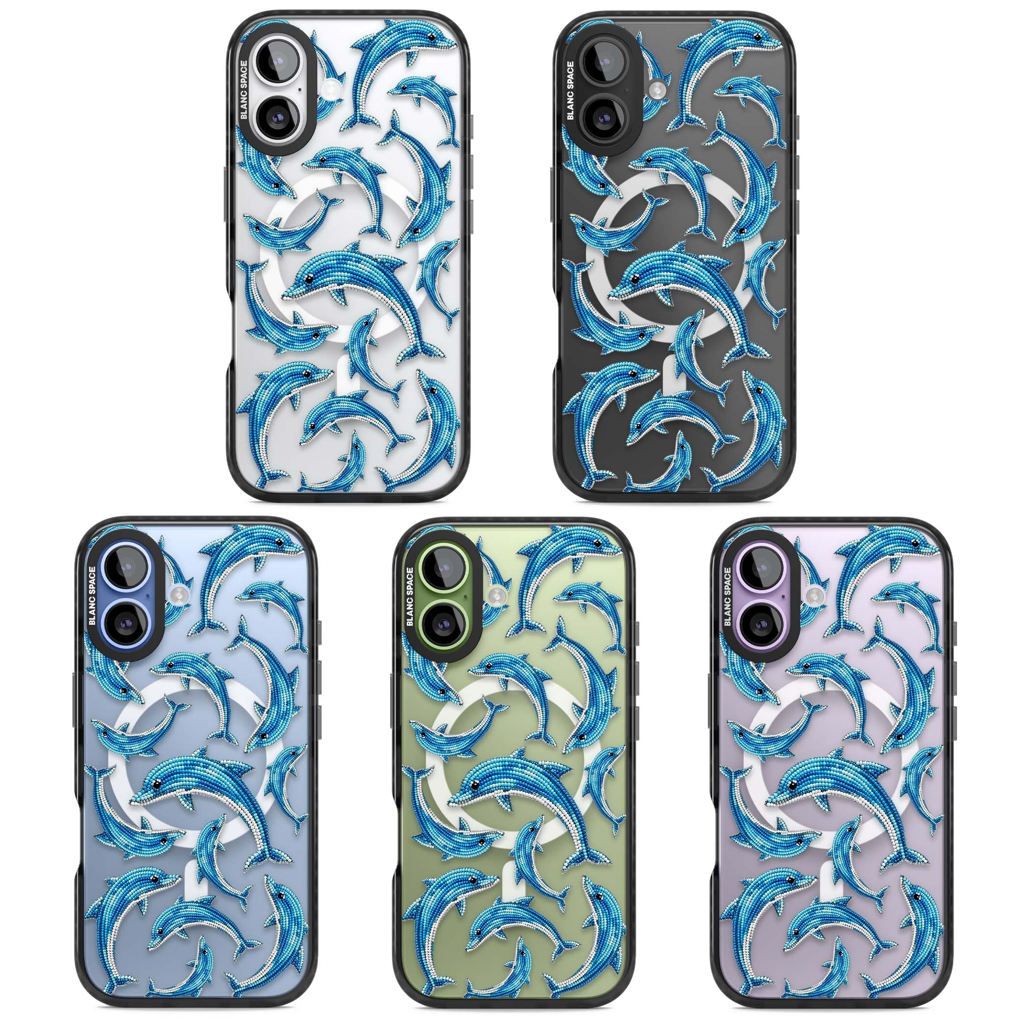 Beaded Dolphins coastal iPhone case featuring beaded dolphins in blue and white swimming across a clear background | Black Impact Magsafe case for iPhone 17