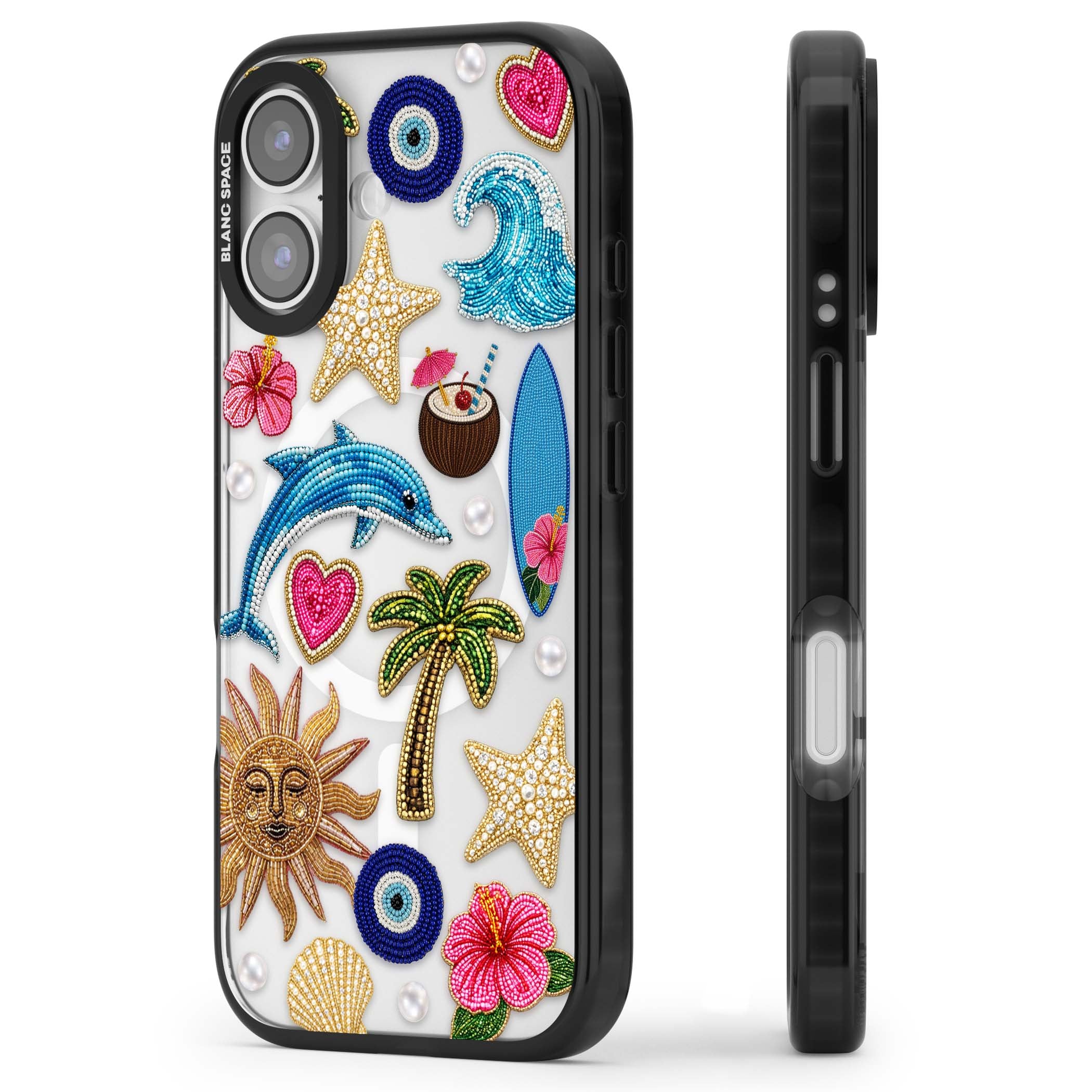 Beaded Beach coastal summer iPhone case featuring embroidered evil eye, hibiscus flowers, dolphin and palm tree patches | Black Impact Magsafe case for iPhone 17