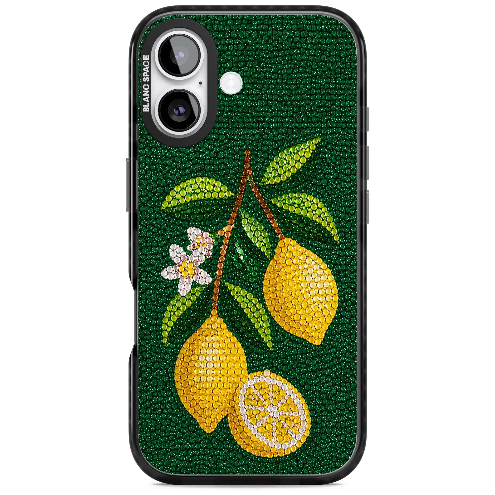 Beaded Lemons coastal iPhone case featuring crystal-beaded lemons, citrus blossom and green leaves on emerald ground | Black Impact Magsafe case for iPhone 17