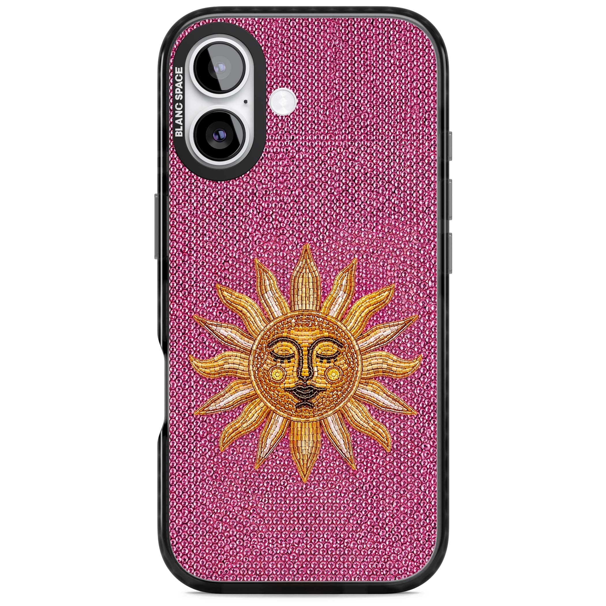 Beaded Sun celestial iPhone case featuring a golden beaded sun face with radiant rays on hot pink beaded background | Black Impact Magsafe case for iPhone 17